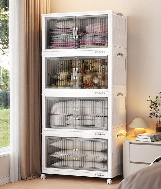 BROVIEW 320Qt Stackable Storage Bins with Lid, Extra Large Closet Organizer Collapsible Drawer Boxes with Wheels, Folding Plastic Cabinet Containers for Home Kitchen Room Organization, 4Pack White