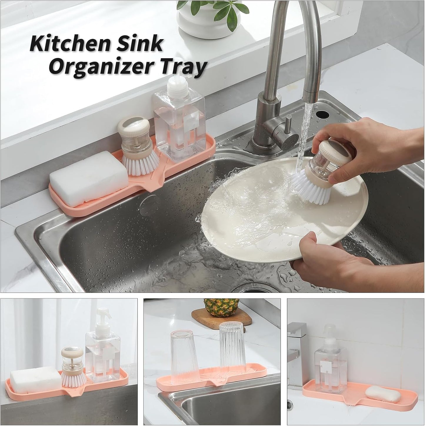 Silicone Bathroom Soap Dishes with Drain Spout-Bathroom and Kitchen Sink Organizer,Sponge Holder,Dish Soap Tray,Perfect for Dispenser,Scrubber,Bottle,Cup on Sink or Counter-Pink 12"×4"
