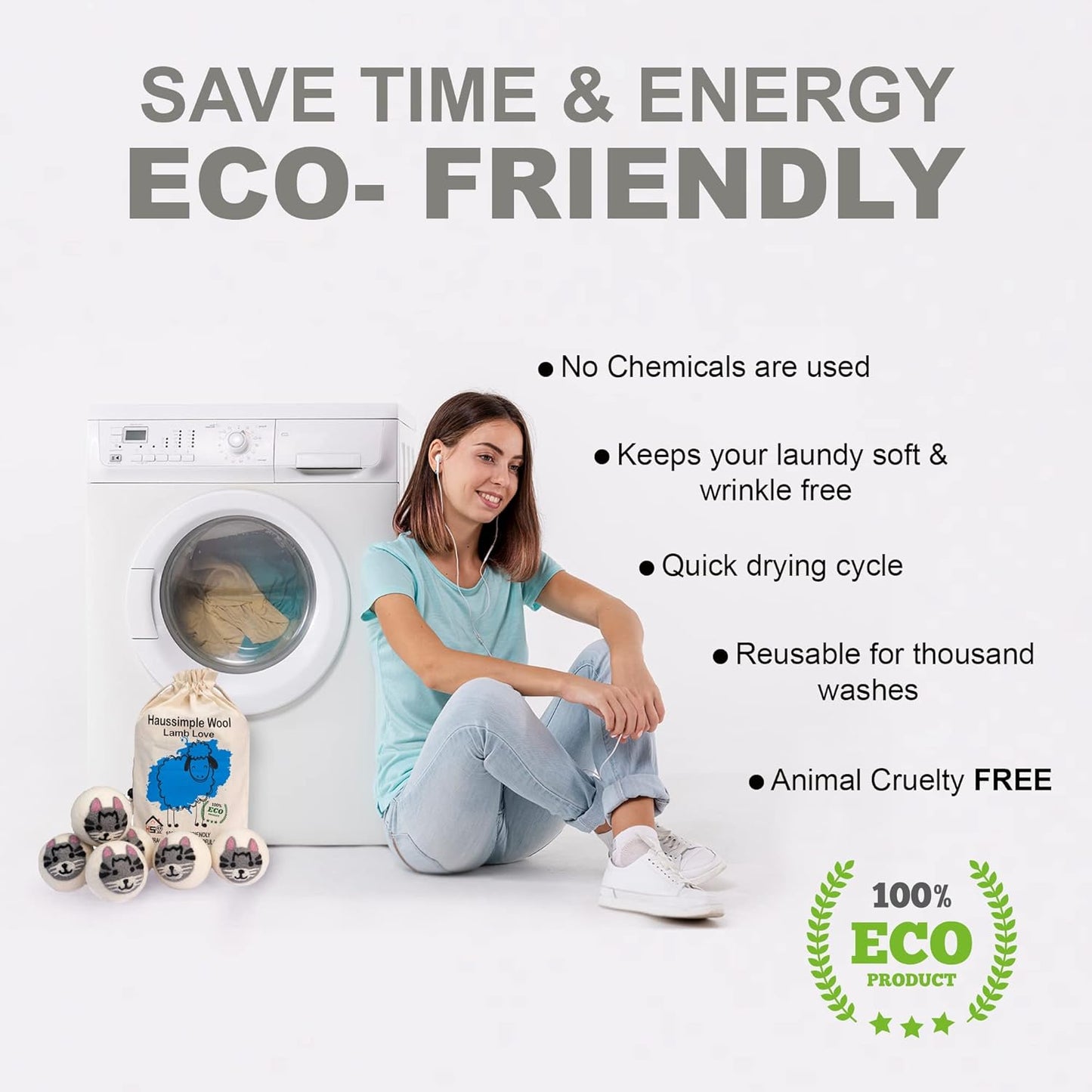 Wool Dryer Balls Organic Felt 6 Pack Laundry Fabric Softener, Extra Large Reusable Handmade Natural Sheep Wool Lint Wrinkle Free Anti Static Baby Safe (Cat)