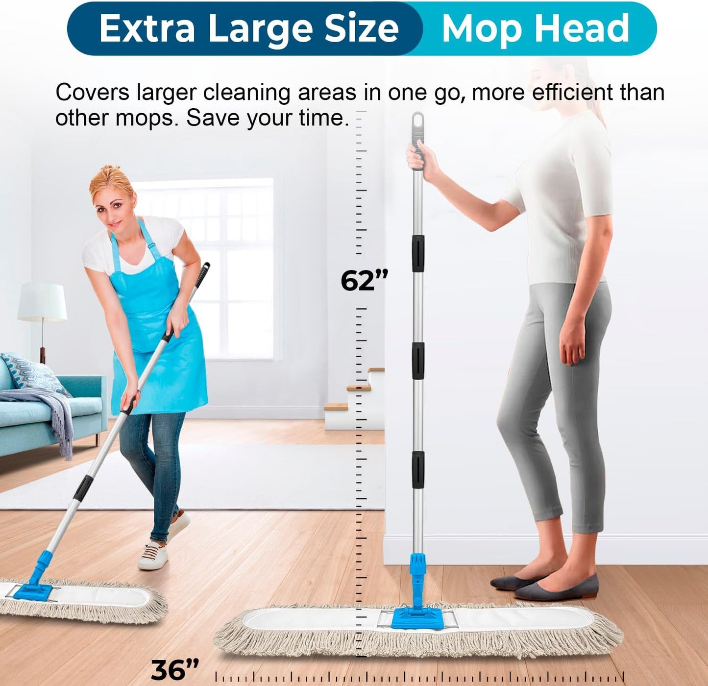 36” Commercial Dust Mop for Floor Cleaning, Industrial Dry Mop with Heavy Duty Long Handle, Large Cotton Reusable mop Head, for Cleaning Office Garage Hardwood Warehouse Factory Mall