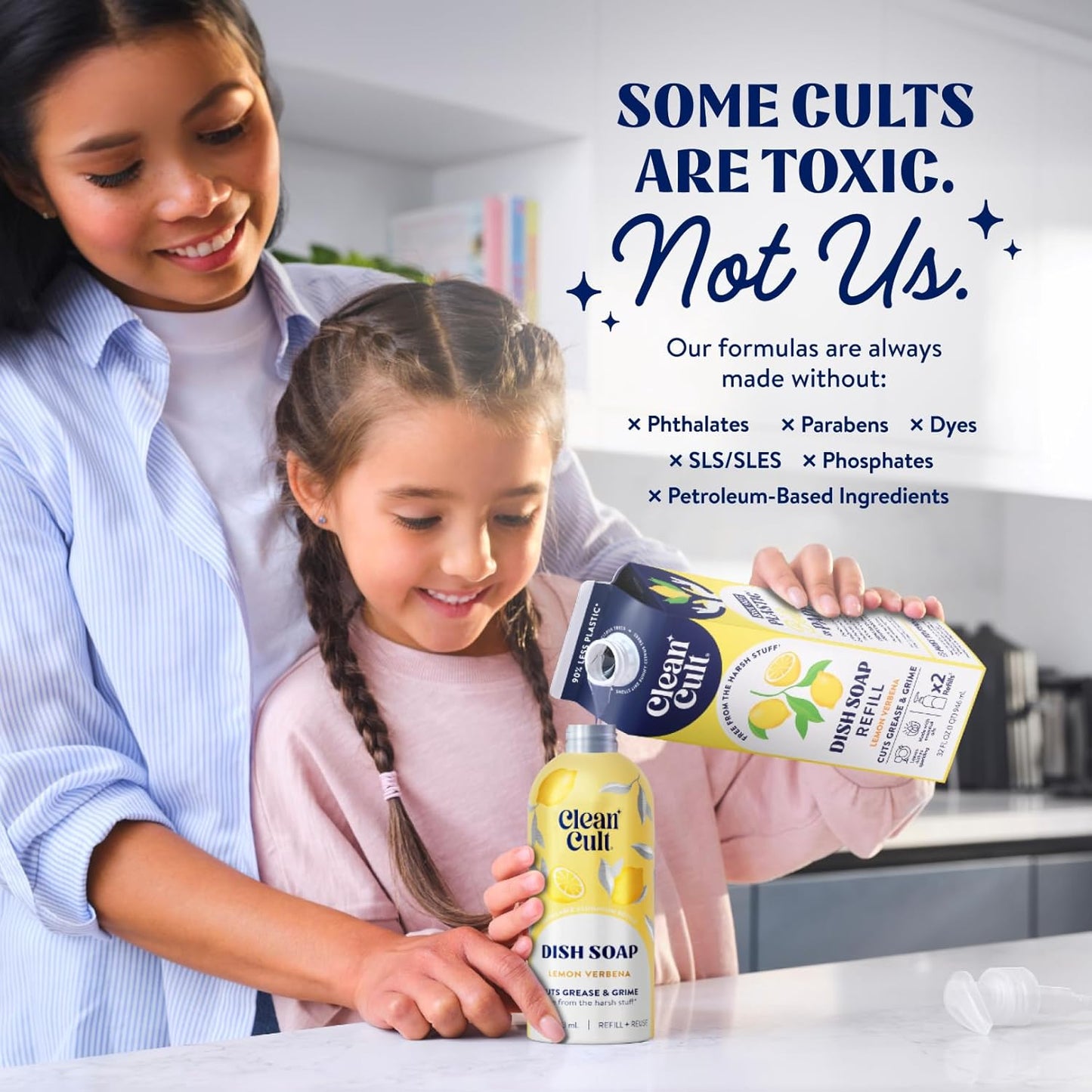 Cleancult Dish Soap Liquid Refills - Plant Based Cleaning Power - Cuts Grease & Grime - Free of Harsh Chemicals - Uses 90% Less Plastic - Lemon Verbena - 32 oz/3 Pack