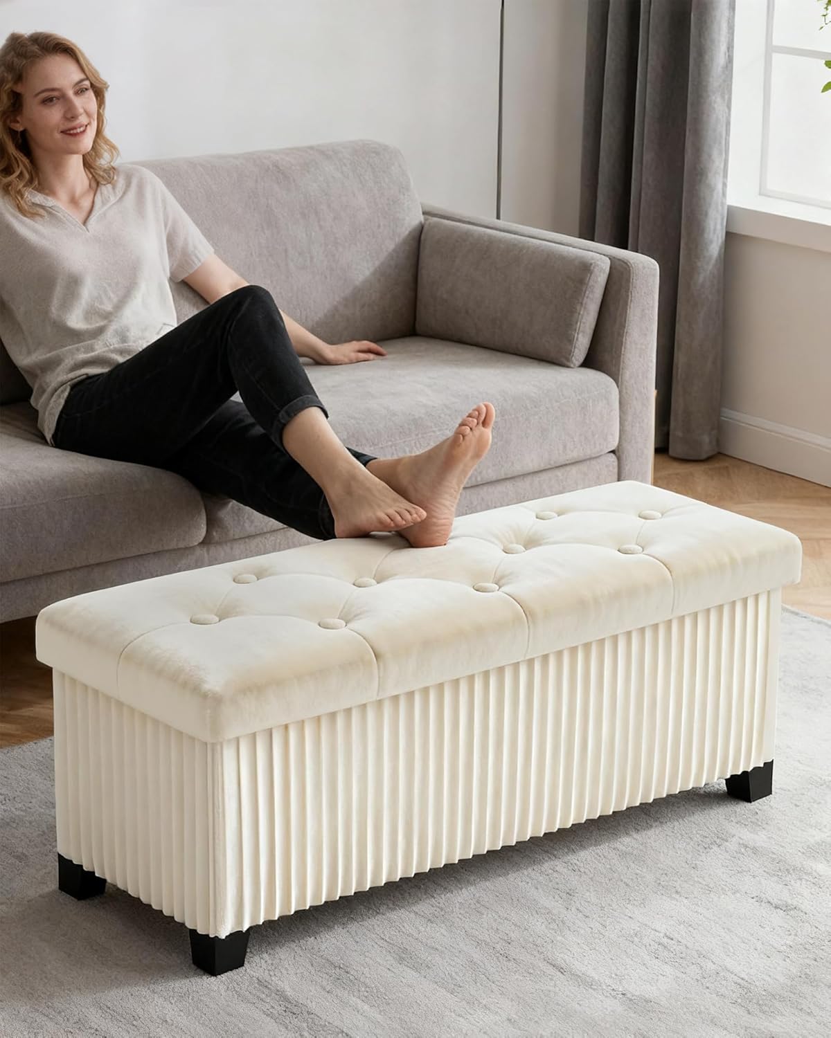 Storage Ottoman Bench, 43 Inch Foldable Ottoman with Legs, Velvet Foot Rest Stool, End of Bed Bench, Storage Chest for Living Room, Bedroom (Beige)