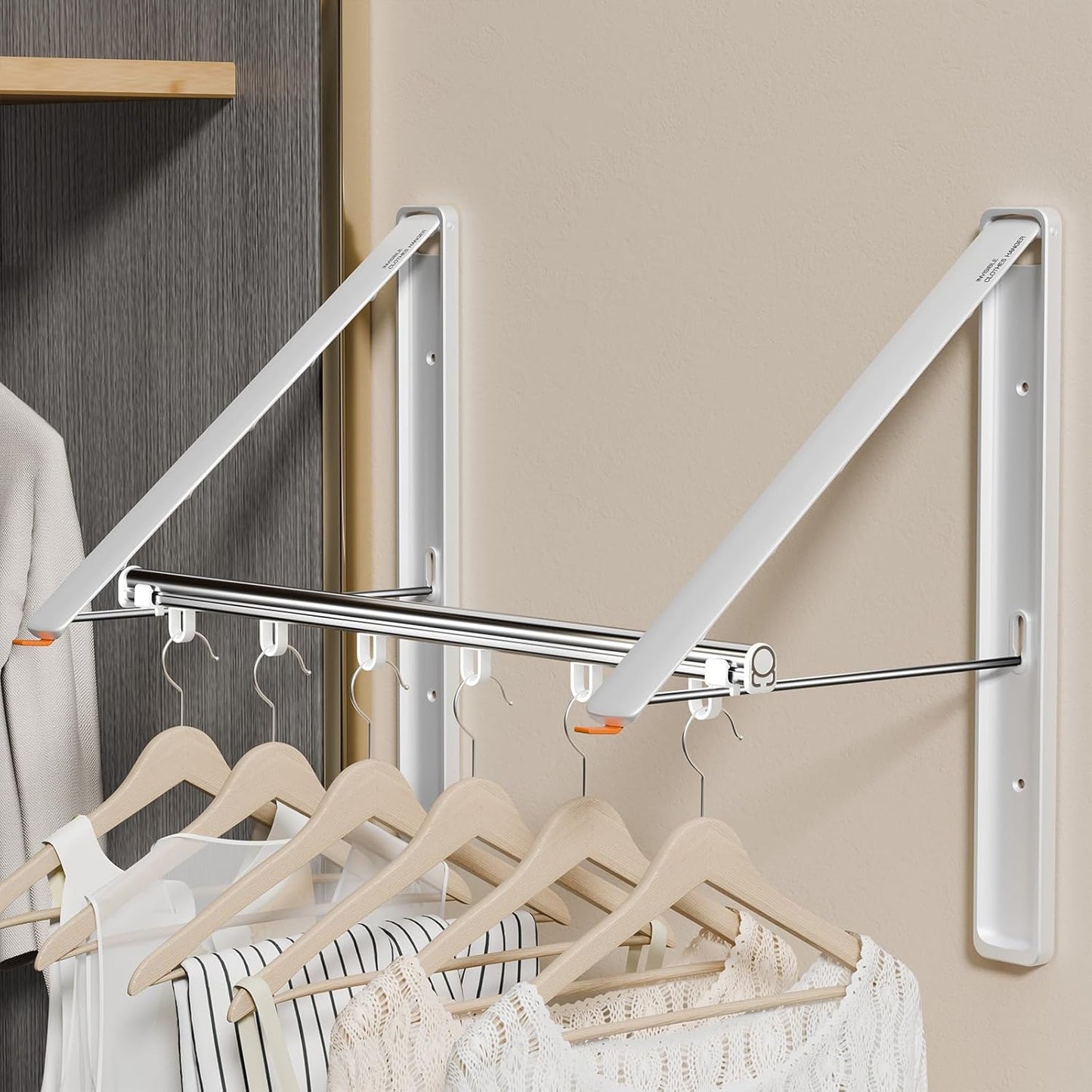 Clothes Drying Rack Retractable, Wall Mounted Clothes Hanger Rack for Laundry Room, Laundry Drying Rack with Clothes Rod Space Saving Closet Organizer Aluminium (White, 2P)
