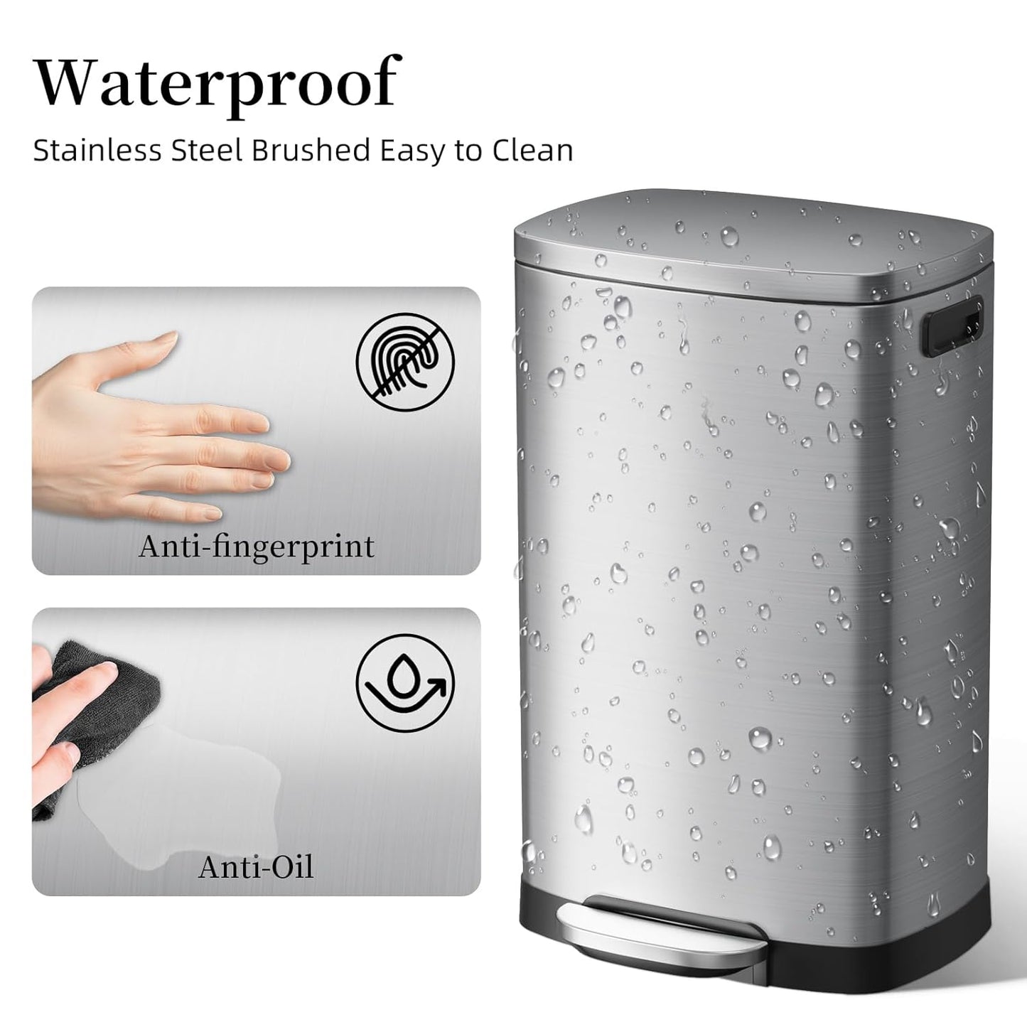 13 Gallon Trash Can with Lid, 50L Fingerprint Proof Stainless Steel Kitchen Trash Can with Removable Inner Bucket and Lid Soft Close, Pedal Rubbish Bin for Home Office（Silver）