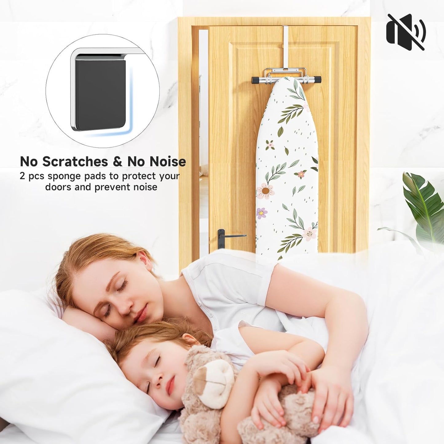 Over The Door & Wall Mount Ironing Board Hanger with Removable Hook, Metal Ironing Board Holder Organizer Wall Rack for Y & T Shaped (Silver)