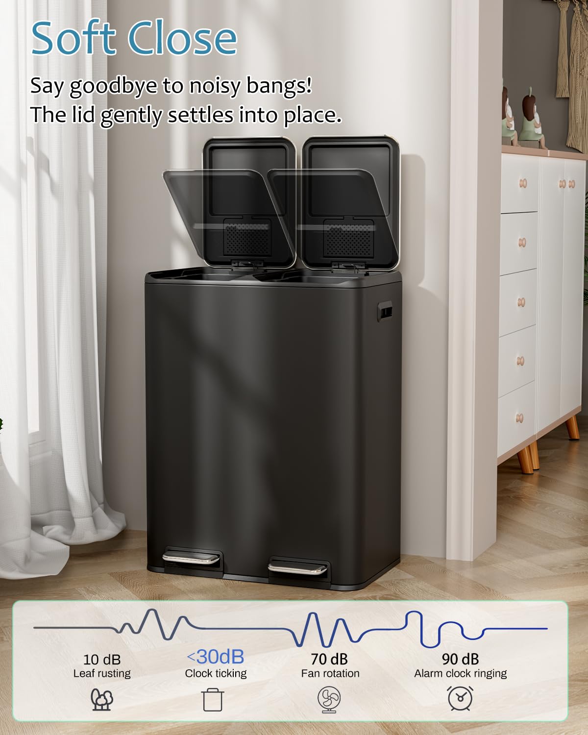 16 Gal (2 x 30 L) Dual Trash Can, Stainless Steel Kitchen Garbage Bin, Recycle Dustbin with Odor Control Box, Soft-Close Lid, Inner Buckets, Side Handle, Step Pedal, for Home Office