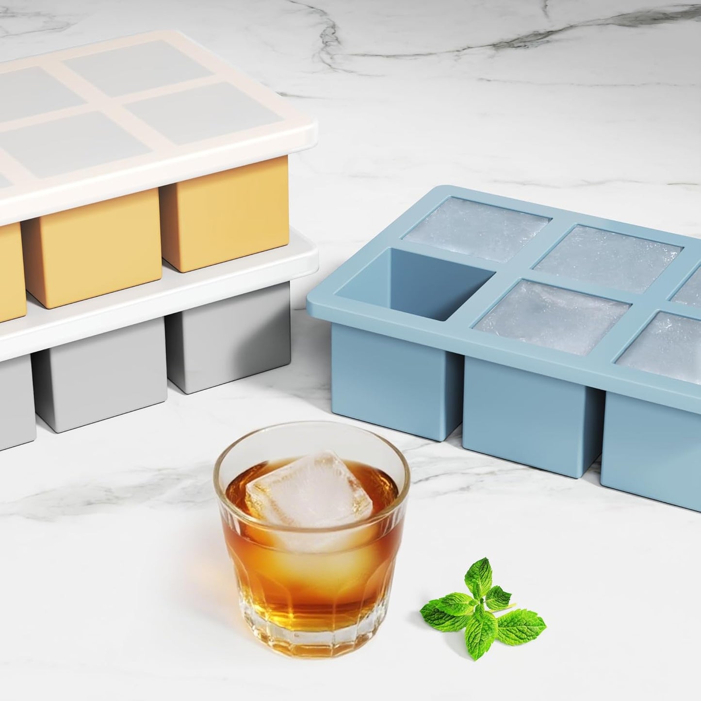 Large Silicone Ice Cube Tray 3Pack, SAWNZC Big Square Ice Cube Molds for Whisky Cocktail, Ice Maker Tray with Lid for Freezer, Easy Release (3, Blue+Grey+Yellow)