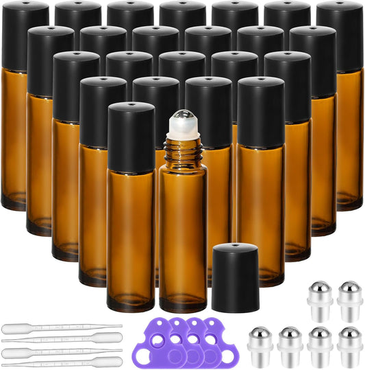 KEYWING 10ml Amber Roller Rottles for Essential Oils - 24PCS Glass Roll on Bottles with Black Caps & Stainless Steel Roller Balls, Empty Perfume Refillable Bottle for Travel