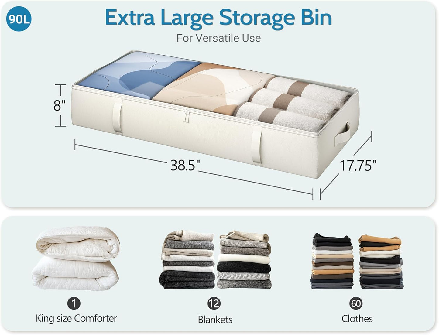 2-Pack Under Bed Storage Containers, 8 Inches Tall Underbed Clothes Storage Organizer Bin with Sturdy Sidewalls/Bottom, Under the Bed Storage Bags 2 Storage Bins, Beige