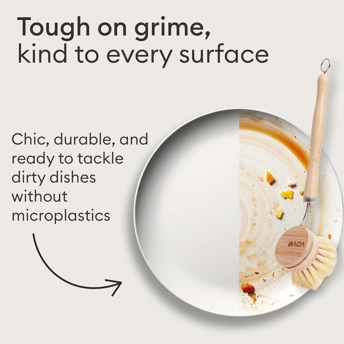 Vove Bamboo Dish Brush, FSC-Certified - Includes 3 Replacement Heads - Natural Fiber Bristles - Non-Toxic, Plastic-Free - Scrub Brush for Pots, Pans & Dishes