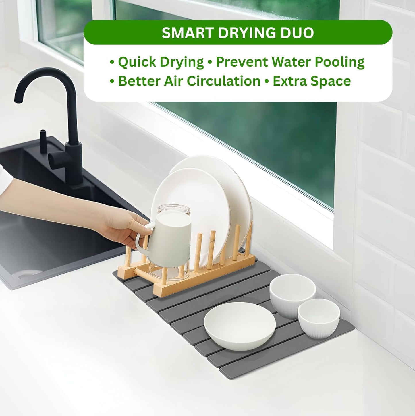 Stone Dish Drying Mat – Large 24×16 Quick Dry Stone Mat Kitchen, Diatomaceous Earth Dish Drying Mat for Kitchen Counter with Wooden Drying Rack, Fast Drying Stone Mat, Eco-Friendly & Super Absorbent