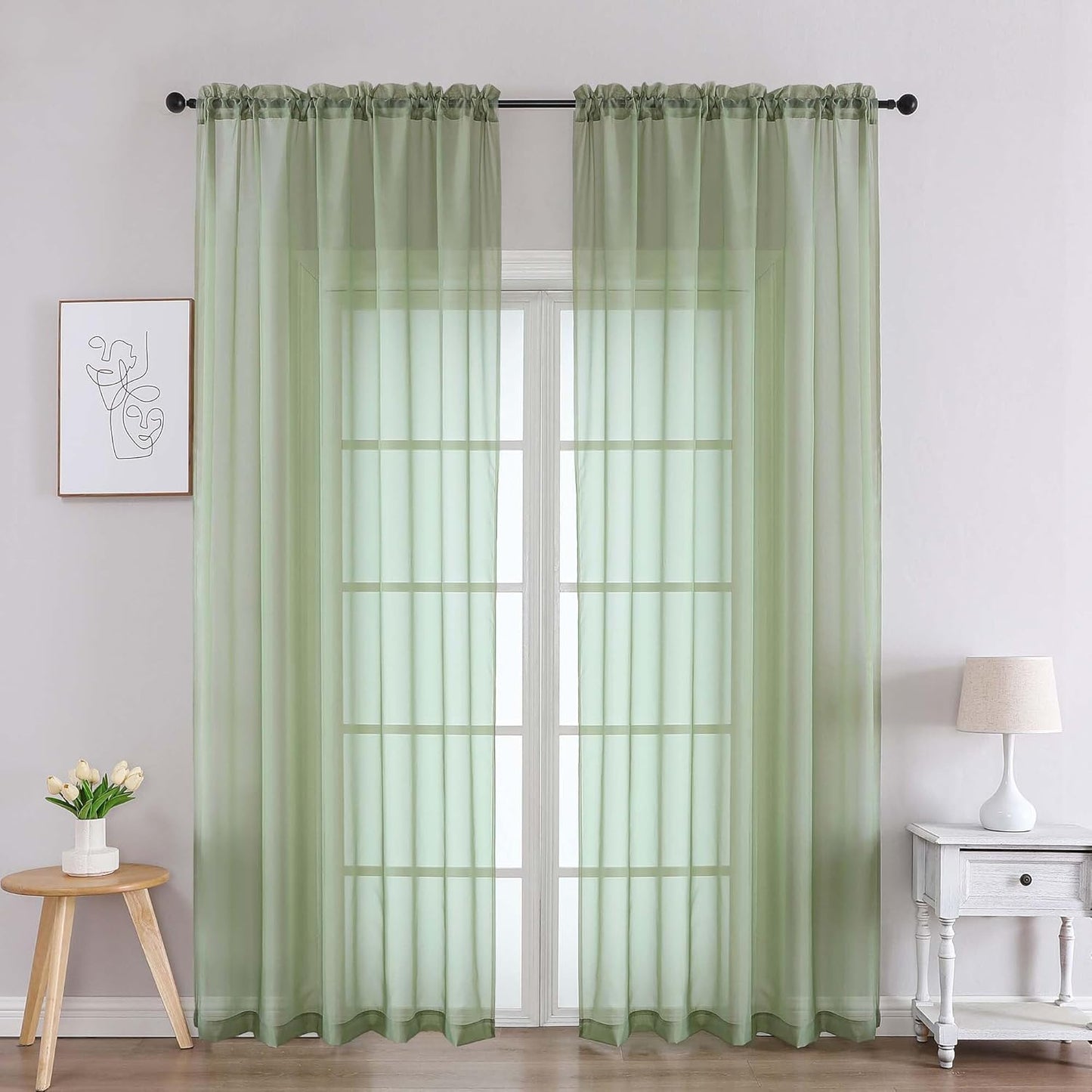 Chyhomenyc Sage Green Sheer Curtains 90 Inches Long 2 Panels, Light Filtering Green Curtains for Living Room, Soft Gentle Voile Rod Pocket Bedroom Window Drapes, 59Wx90L Inch, 2PCS