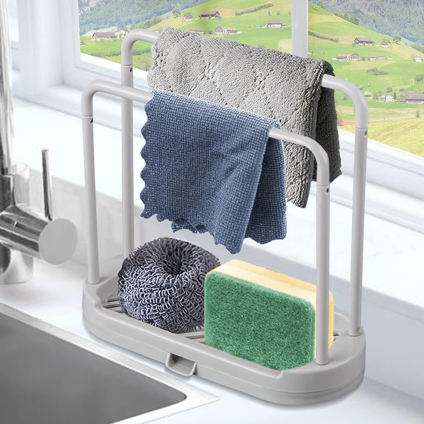 Kitchen Sponge Holder Dishcloth Hanger, Kitchen Sink Rack Tray Organizer Stand for Sponge, Dish Cloth, Rag, Brush, Scrubber Storage and Organization (Grey)