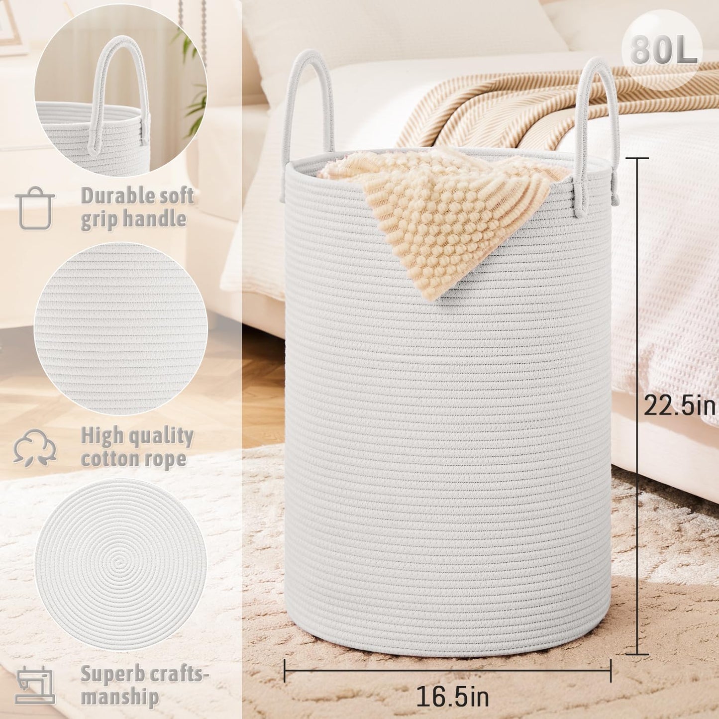 Laundry Basket,Woven Cotton Rope Laundry Hamper,80L for Decorative Storage of Dirty Clothes,Toys and Blankets in Bathroom,Baby Room and Living Room