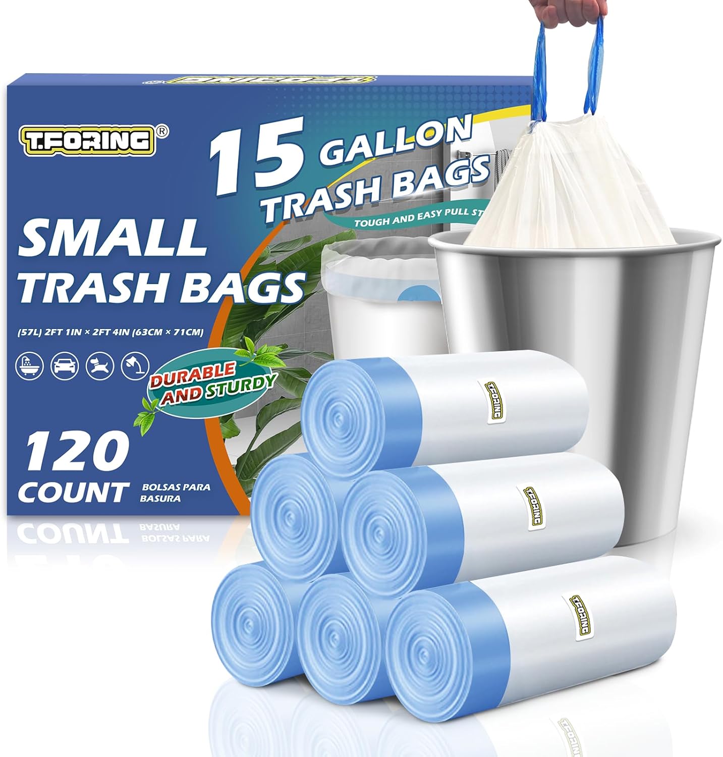 15 Gallon Trash Bags with Drawstring - 120 Count Heavy Duty 1.25 Mil Garbage Bags 56 Liter Tall Kitchen Bin Liners Unscented White for Home Yard Lawn