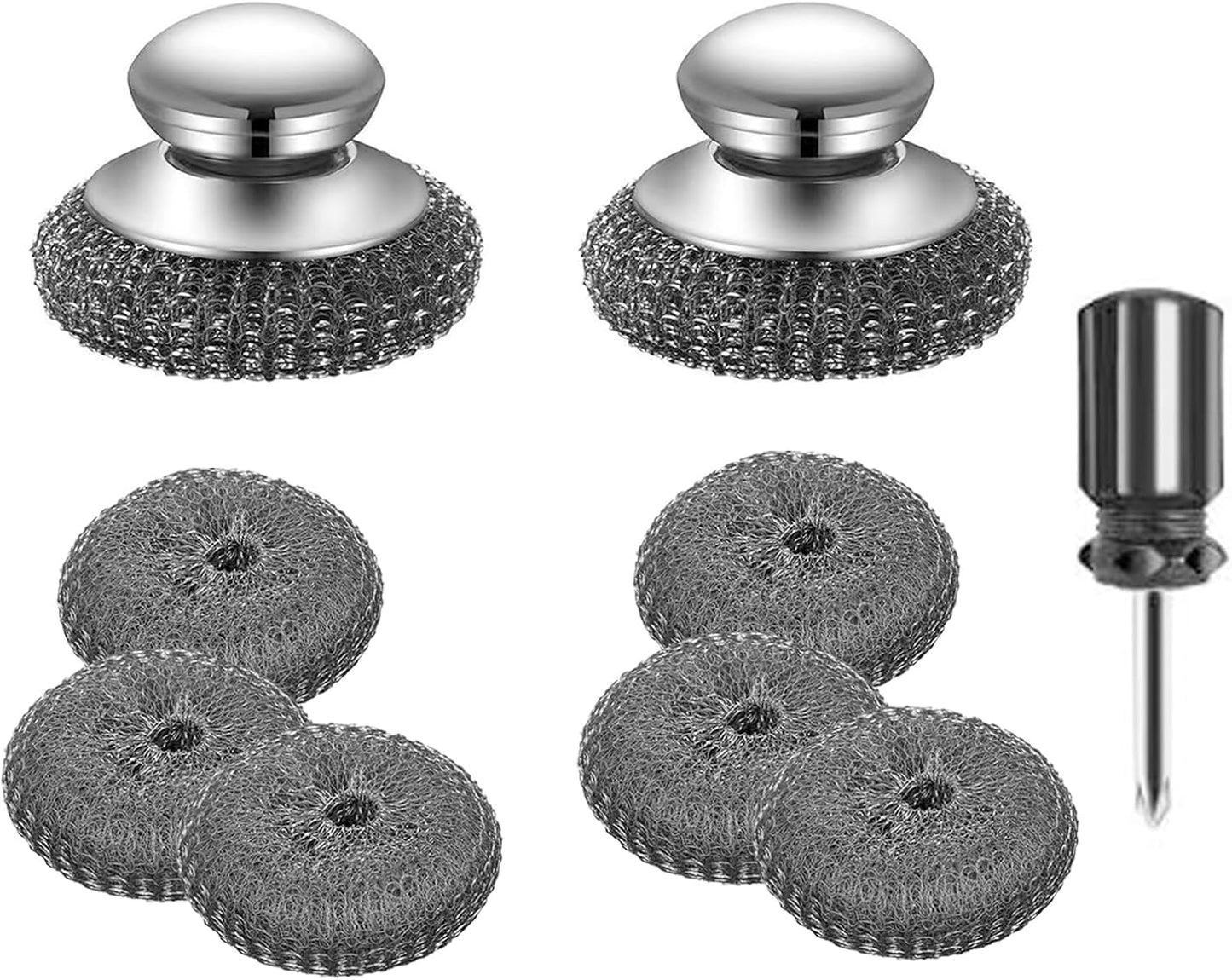 Stainless Steel Wool Metal Wire Scrubber Sponge Scouring Pads Brush Set with Handle for Cleaning Dishes,Pots and Pans,Kitchen Cast Iron,Stoves, Sink,Cooking Tools,Silver（9pcs）