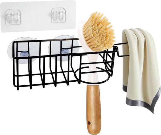 Sponge Holder with Dish Cloth Hanger for Kitchen Sink, In-sink Caddy Organizer with Suction Cups & Adhesive Strips, Rustproof Sponge Rack for Soap, Brush, Scrubber - Black