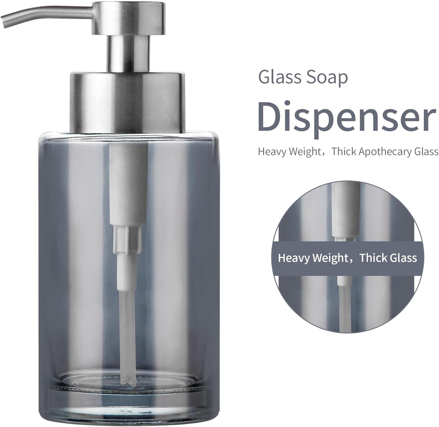 Enra Foaming Soap Dispenser, 12oz Thick Glass Body with Stainless Steel Pump, Bathroom & Kitchen (Silver Foam Dispenser)