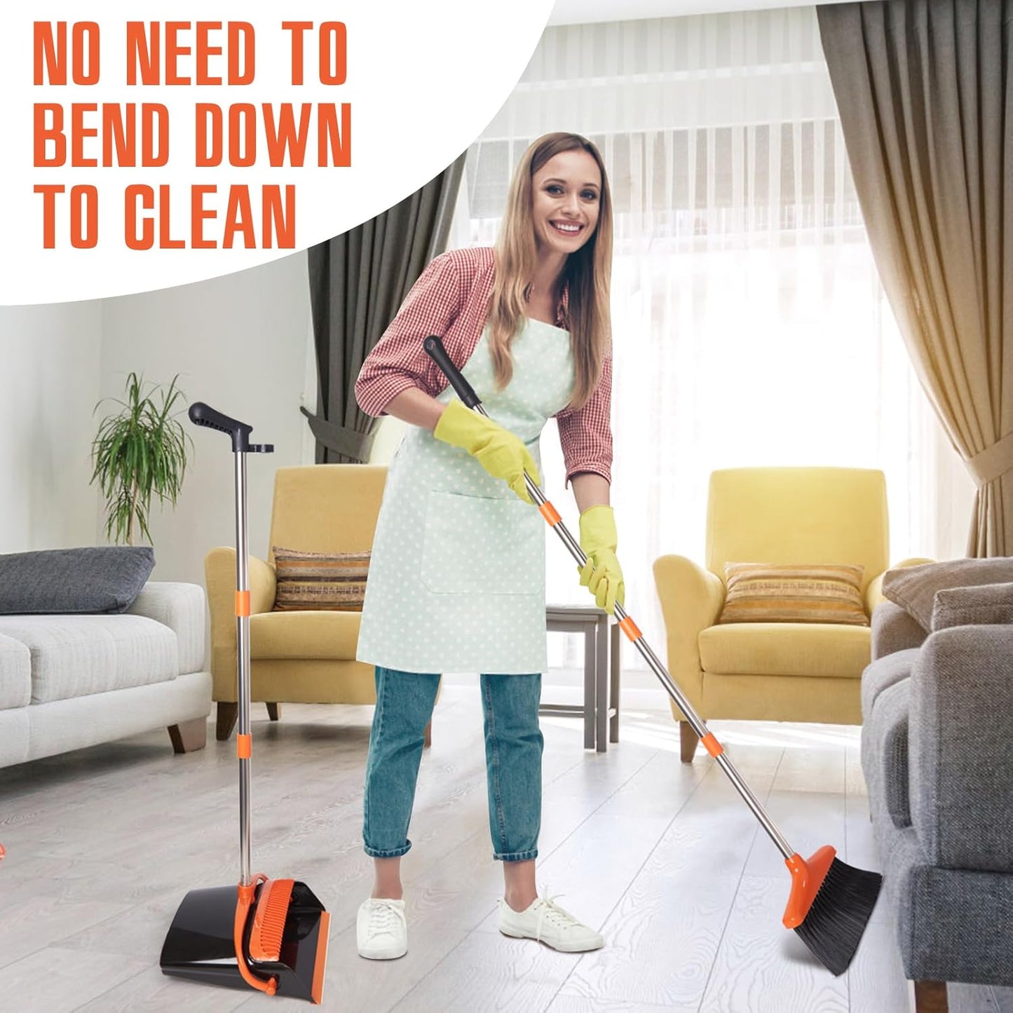 Broom and Dustpan Set with Long Handle, Light Weight Stainless Steel Poles Stand Upright Dustpans with Broom Combo for Home Kitchen Office Pet Dog Hair, Black & Orange Color, 1-Pack