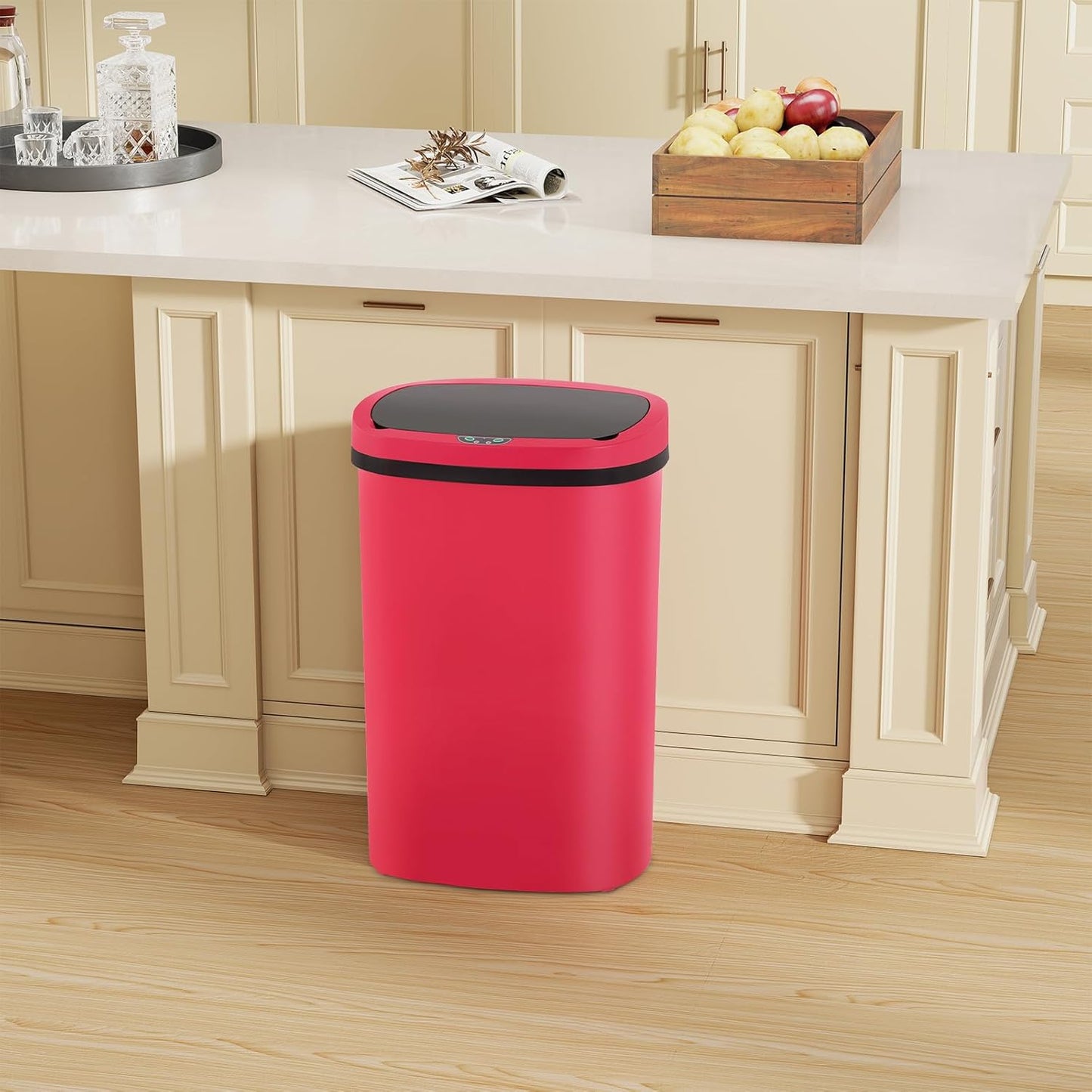 Automatic Motion Sensor Bathroom Trash Can with Lid, 13 Gallon Touchless Trash Bin, Smart Dog Proof Garbage Can, Touch Free Waste Basket for Toilet, Office, Bedroom,Red