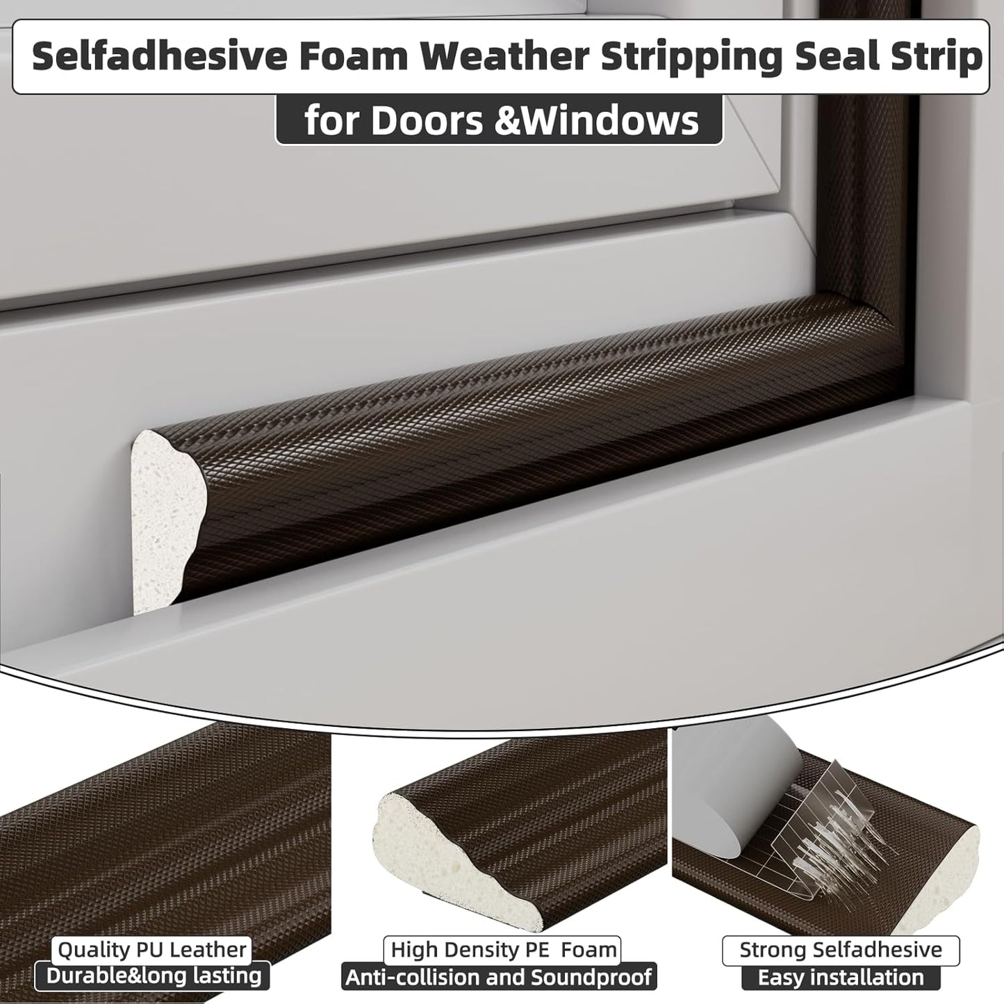 16.4 Ft Weather Stripping Seal Strip for Doors/Windows,Soundproofing Window Insulation Draft Stopper for Winter, Selfadhesive Foam Weather Strip for Door Frame,Door Gap Filler Noise Blocker(Brown)