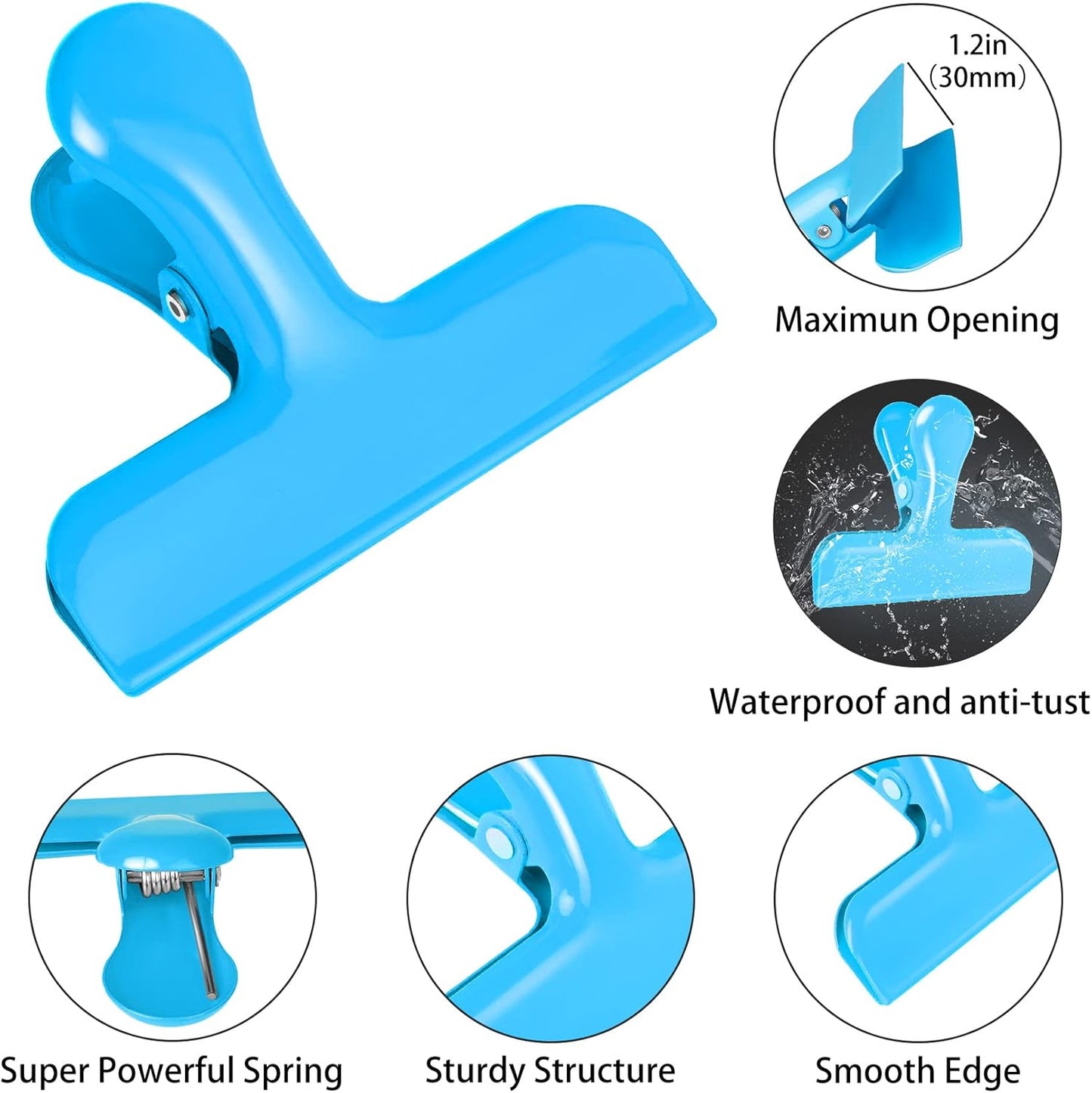 Bag Clips Heavy Duty Stainless Steel Chip Clips, Food Bags Clamp Great for Kitchen Office to Seal Coffee Bags, Paper Sheets - Pack of 8（Blue）