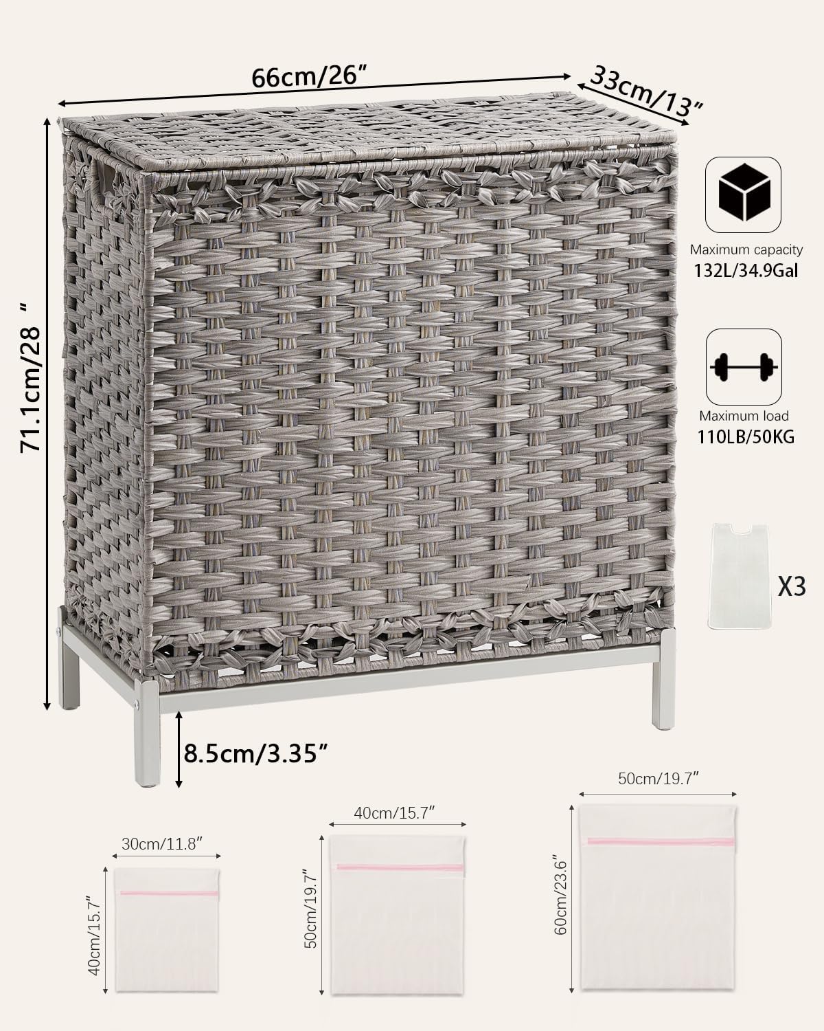 Laundry Hamper with Lid 132 L, (35 Gallons) Clothes Hamper with Lid, Handwoven Rattan Laundry Hamper with Metal Heightened Feet, Laundry Hampers with 3 Removable Liner Bags for Laundry-Gray