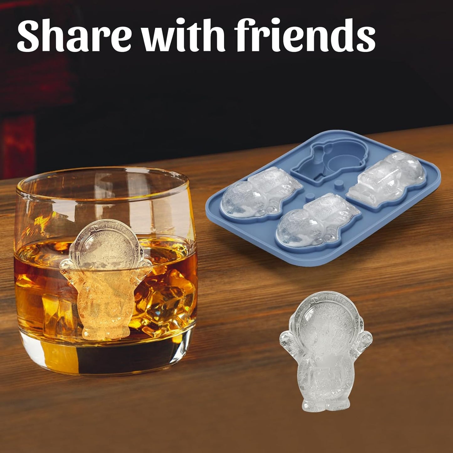 Silicone Ice Cube Tray,Astronaut 3D Large Ice Cube Molds for Whiskey,Cocktails,Wine,Juice and Bourbon,4 Big Cute Animal Ice Trays for Freezer with Lid Easy-Release BPA Free(Astronaut)
