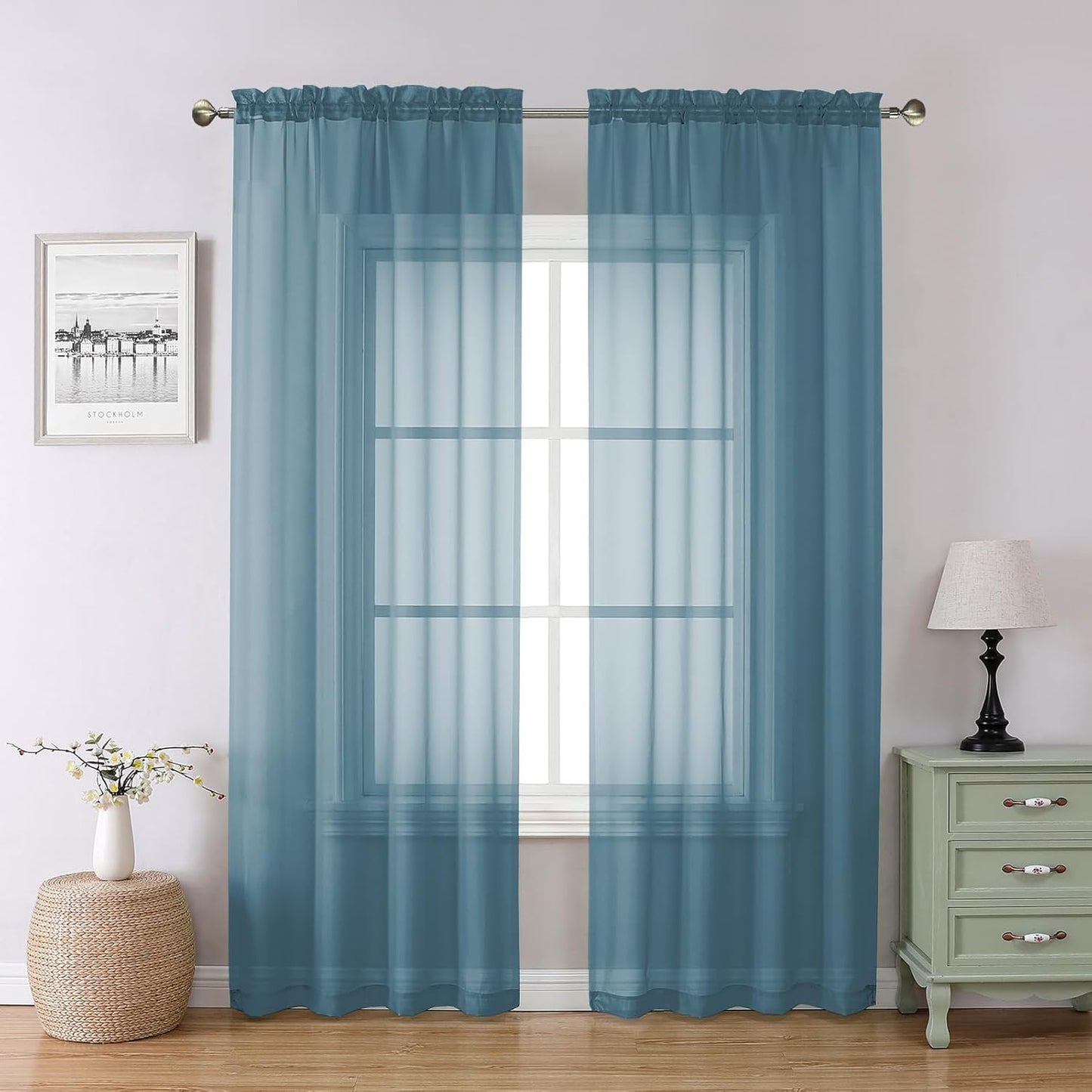 Chyhomenyc Stone Blue Sheer Curtains 78 Inches Long 2 Panels Set for Living Room, Light Filtering Voile Lightweight Bedroom Curtains, Rod Pocket Solid Window Treatment Drapes, Each 42W x 78L