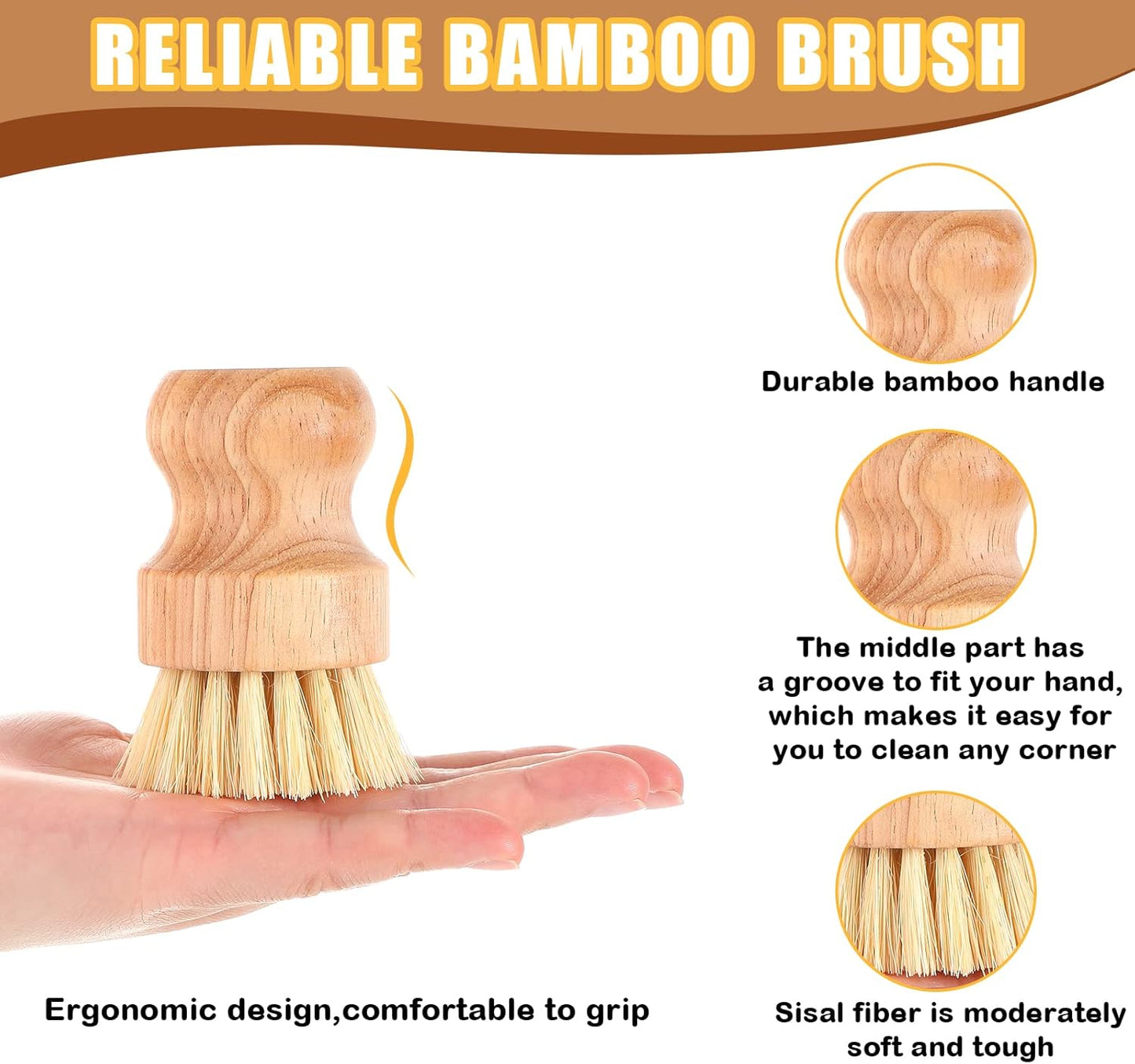 Nuenen 12 Packs Bamboo Dish Scrub Brushes Wooden Scrubbers Set Kitchen Dishwashing Scrubber with Natural Sisal Bristles for Iron Pot Pan Sink