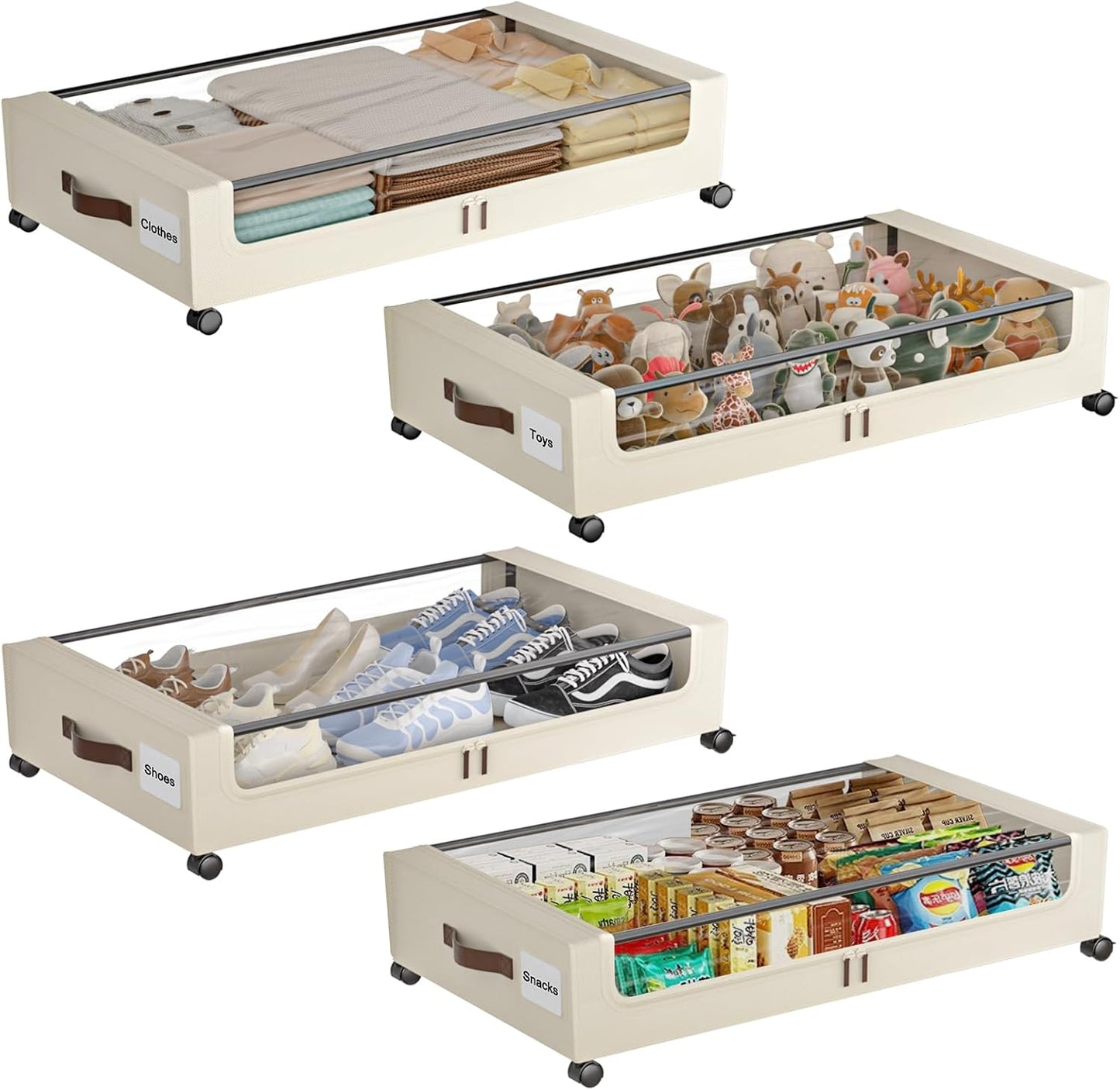 Under Bed Storage with Wheels, 4 Pack Under Bed Storage Containers with Clear Lids, XXL 60L Under-Bed Organizers for Clothes, Shoes – Durable Storage Bins with Smooth Rolling Wheels (White, 4 Pack)