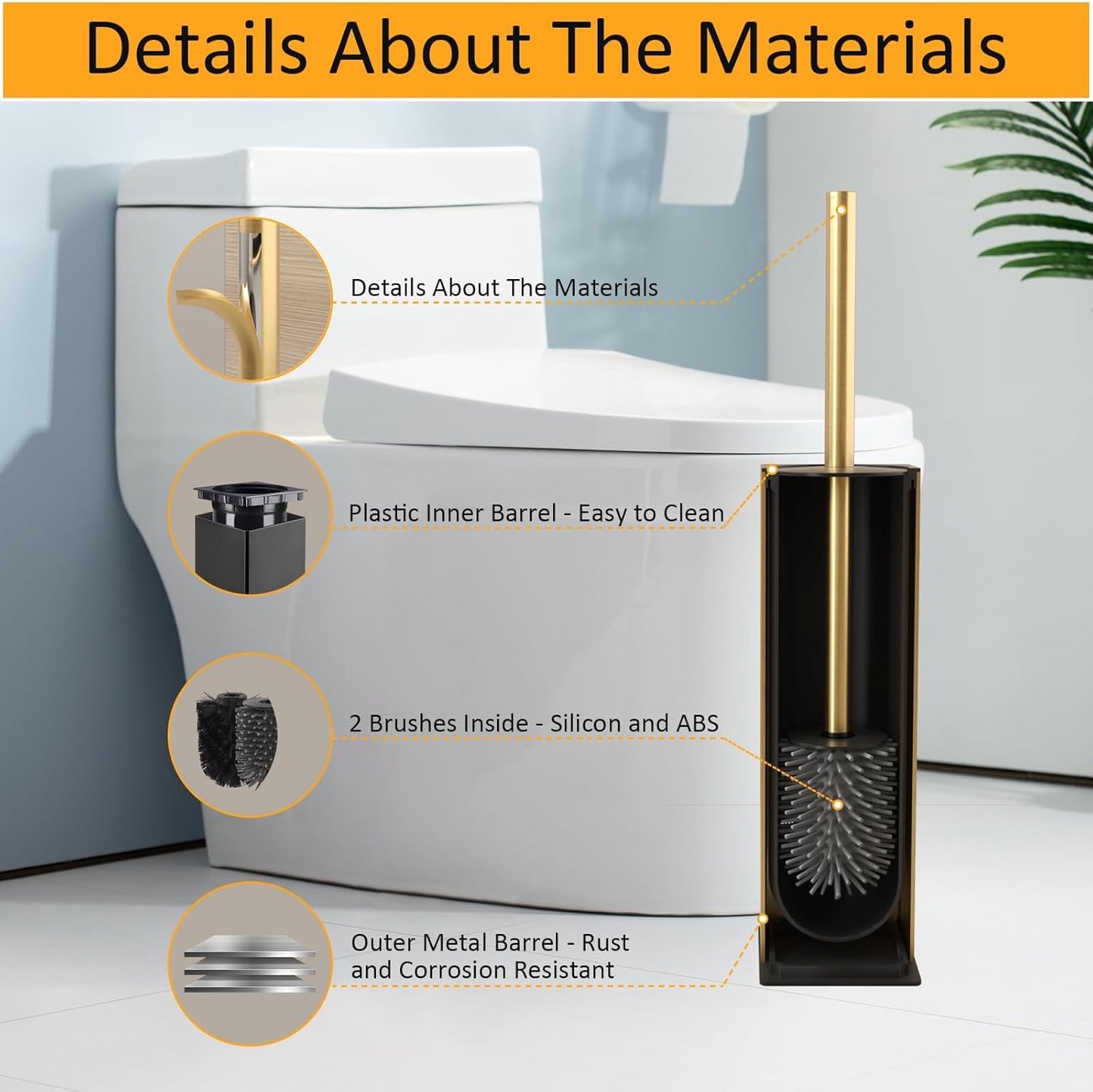BGL Standing Toilet Brush and Holder Brushed Gold Aluminium Toilet Bowl Cleaner Brush and Holder for Bathroom Storage and Organization, Square Design Sturdy and Space Saving