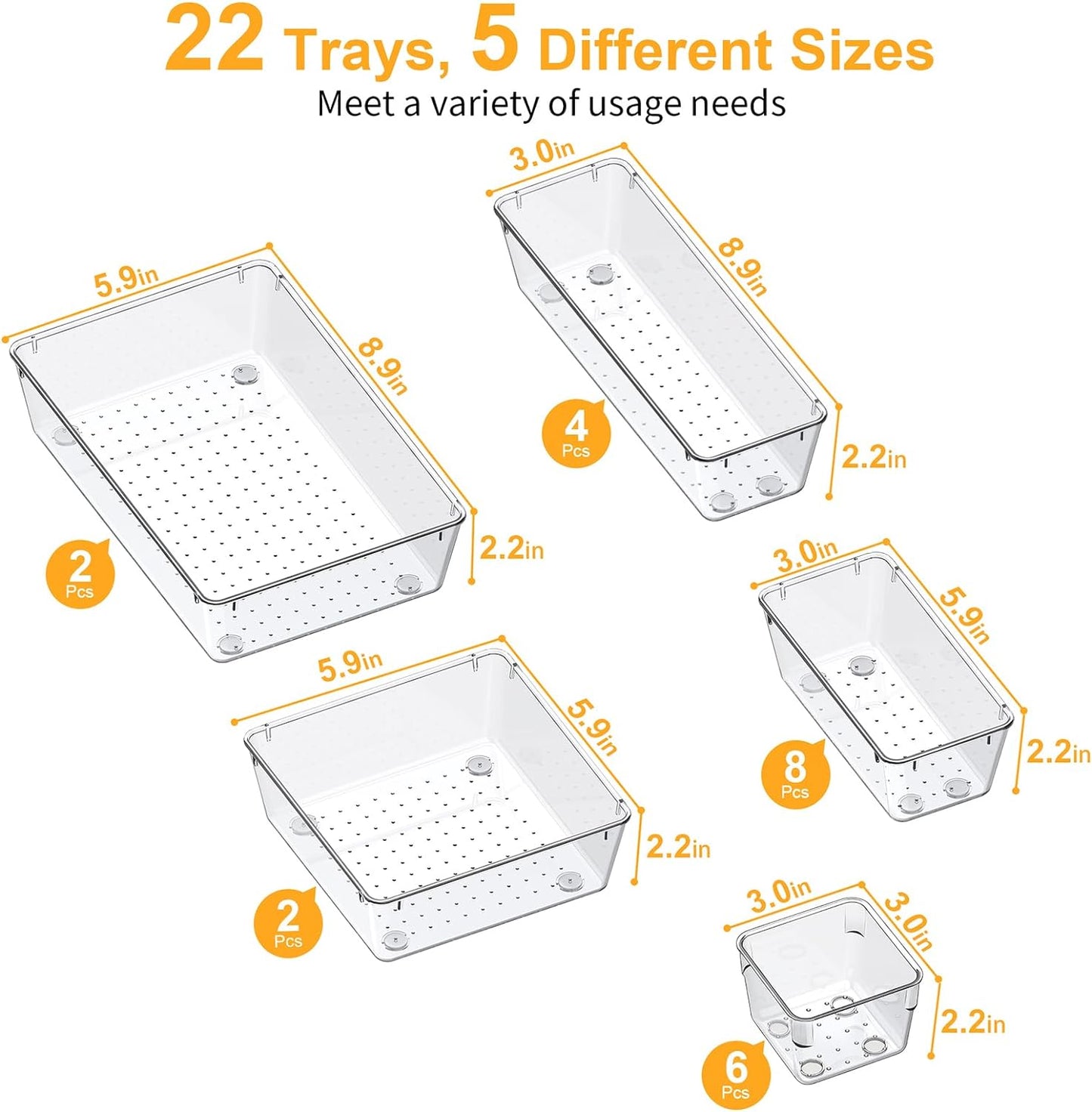 SMARTAKE 22-Piece Drawer Organizer with Non-Slip Silicone Pads, 5-Size Clear Desk Drawer Organizer Trays Storage Tray for Makeup, Jewelries, Utensils in Bedroom Dresser, Office and Kitchen, Clear