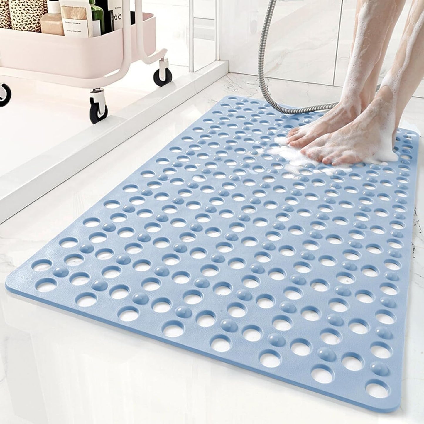 Non Slip Bathtub Mat and Shower Mat 31x17 inch,Bath Mat with Quick Dry Drain Holes and Suction Cups, Soft Comfortable Safe Bathroom Mat for Bath Tub, Floor, Tile (Light Blue)