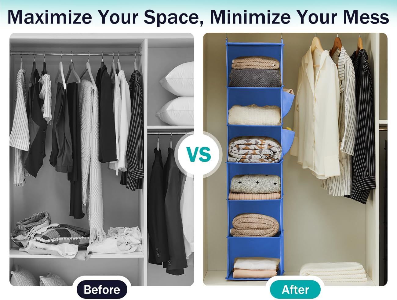 YOUDENOVA Hanging Closet Organizer, 6-Shelf Closet Hanging Storage Shelves, Blue