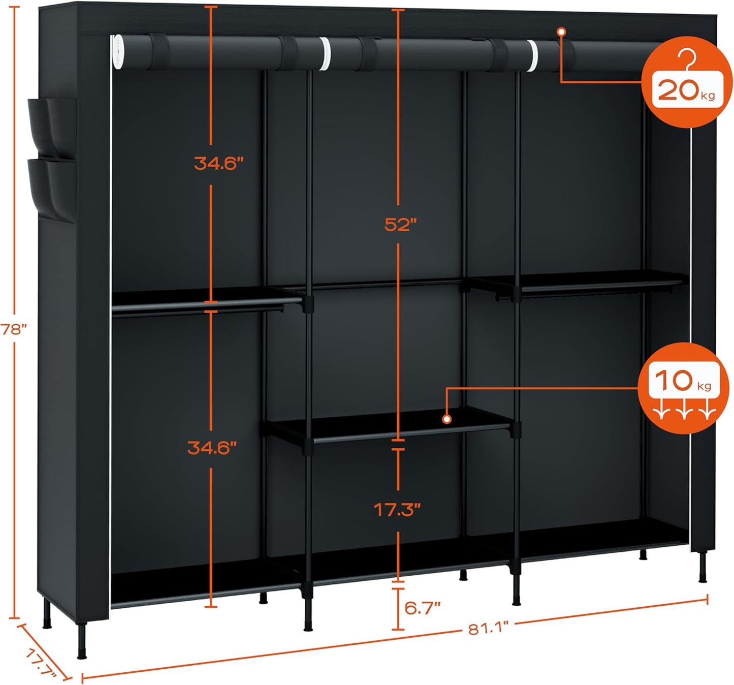 Portable Closet, 81.5 Inch Extra Large Capacity Wardrobe Closet with Cover, Clothes Storage Organizer with Shelves and 5 Hanging Rods, Easy to Assembly, Black PCT136B01