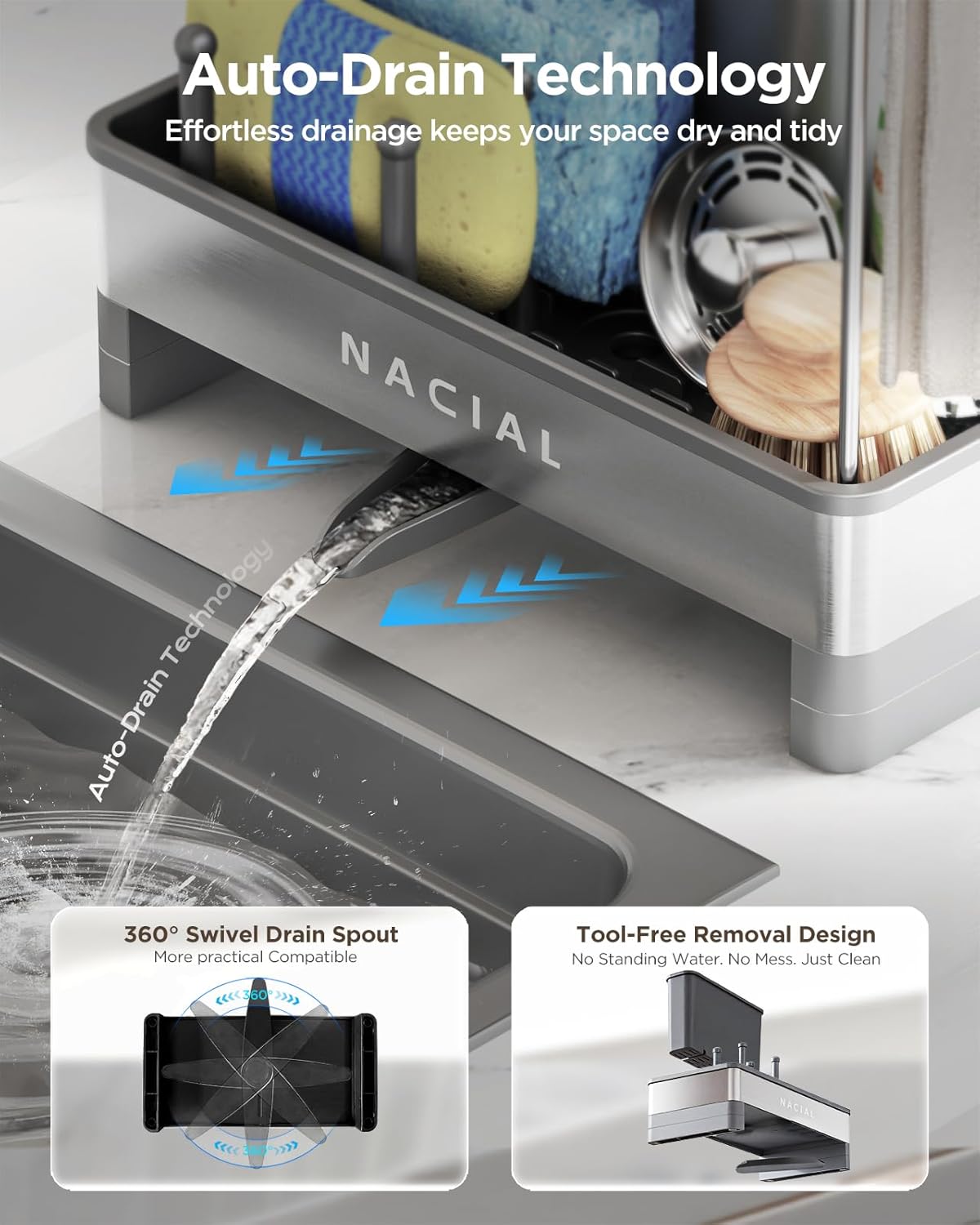 Nacial Sponge Holder for Kitchen Sink, Sink Caddy Organizer with High Brush Holder, Two Towel Racks & Soap Dispenser- Rustproof 304 Stainless Steel Kitchen Countertop Storage Essentials - Gris