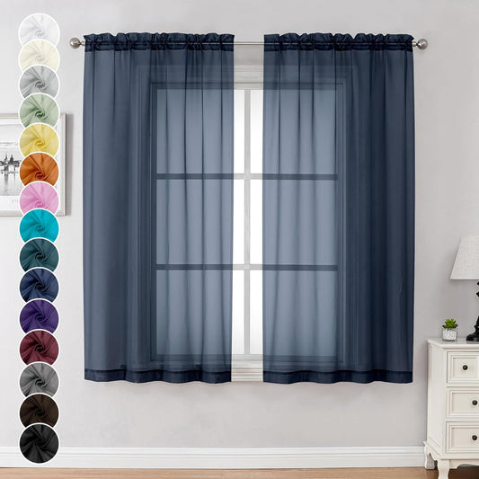 Chyhomenyc Sheer Curtains 63 Inch Length Set of 2, Rod Pocket Voile Drapes for Living Room, Bedroom, Window Treatments Semi Sheer Curtain Panels for Yard, Patio, Villa, Parlor, 42Wx 63L, Navy Blue