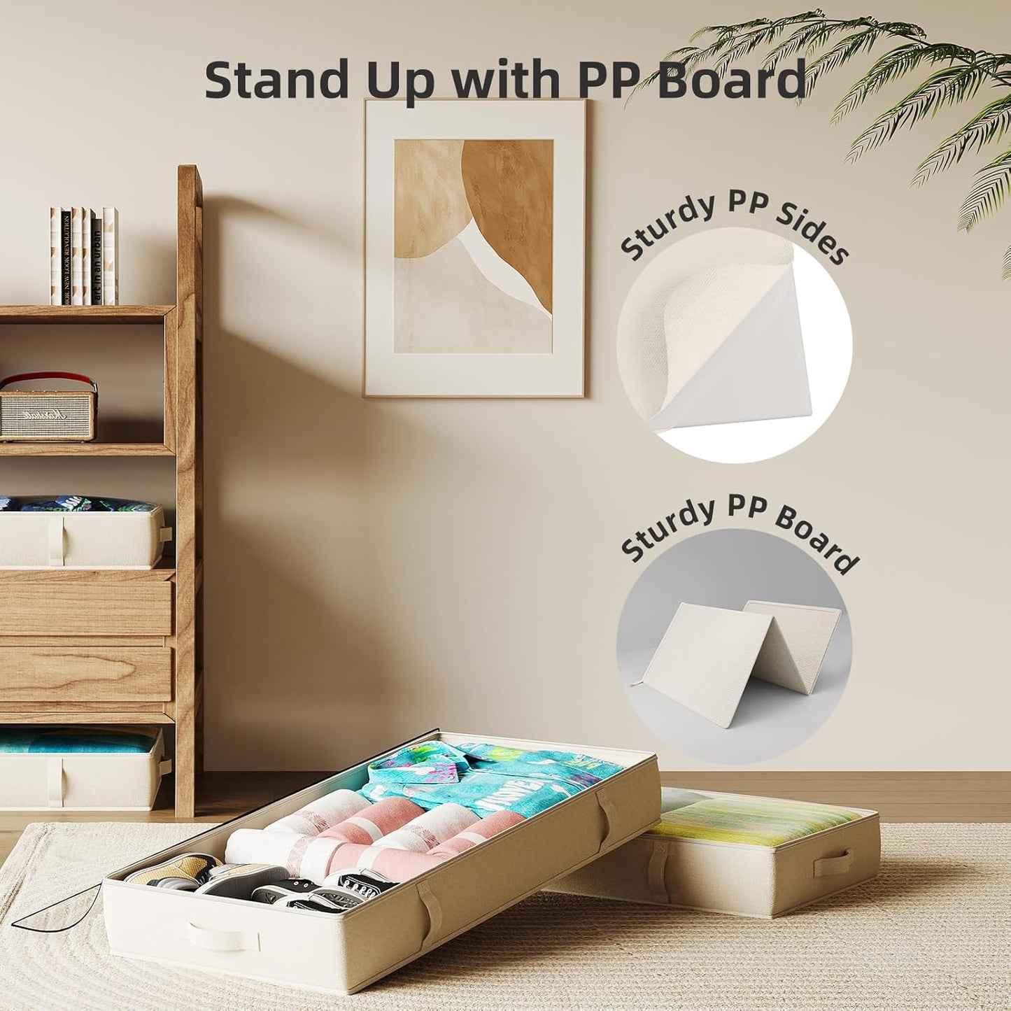 2-Pack Under Bed Storage, 6 Inches Tall Closet Organizers and Storage Bins with Sturdy Sidewalls/Bottom/4 Handles, Beige