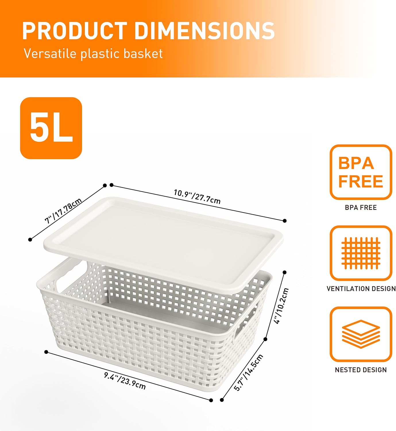 Plastic Storage Baskets With Lid, Storage Bins for Organizing, Stackable Decorative Containers for Shelves Drawers Desktop Closet Playroom Classroom Office, 10 Pack-White