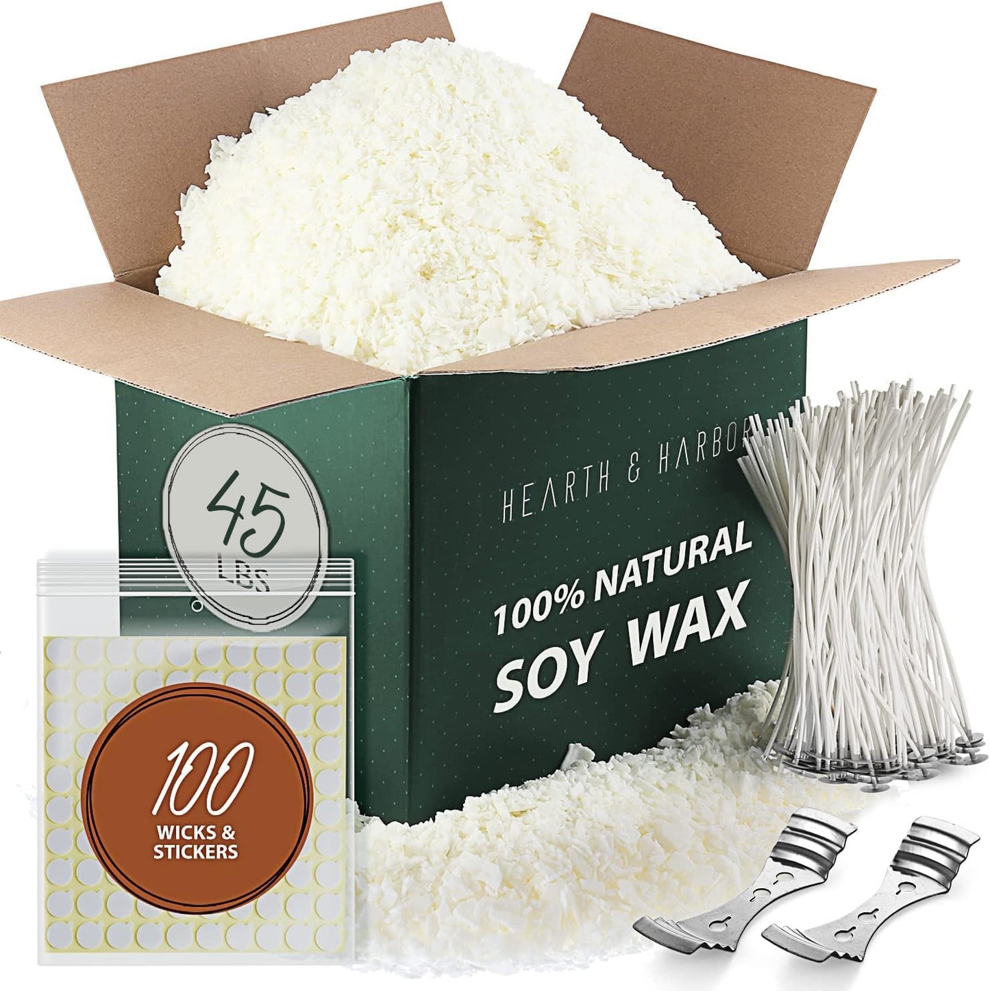 Hearth & Harbor Organic Soy Candle Wax for Candle Making, 45 lbs Natural Candles Making Supplies, Beeswax-Free, Paraffin-Free, Pure Soy Wax Flakes Perfect for Candles, Tealights and Melts
