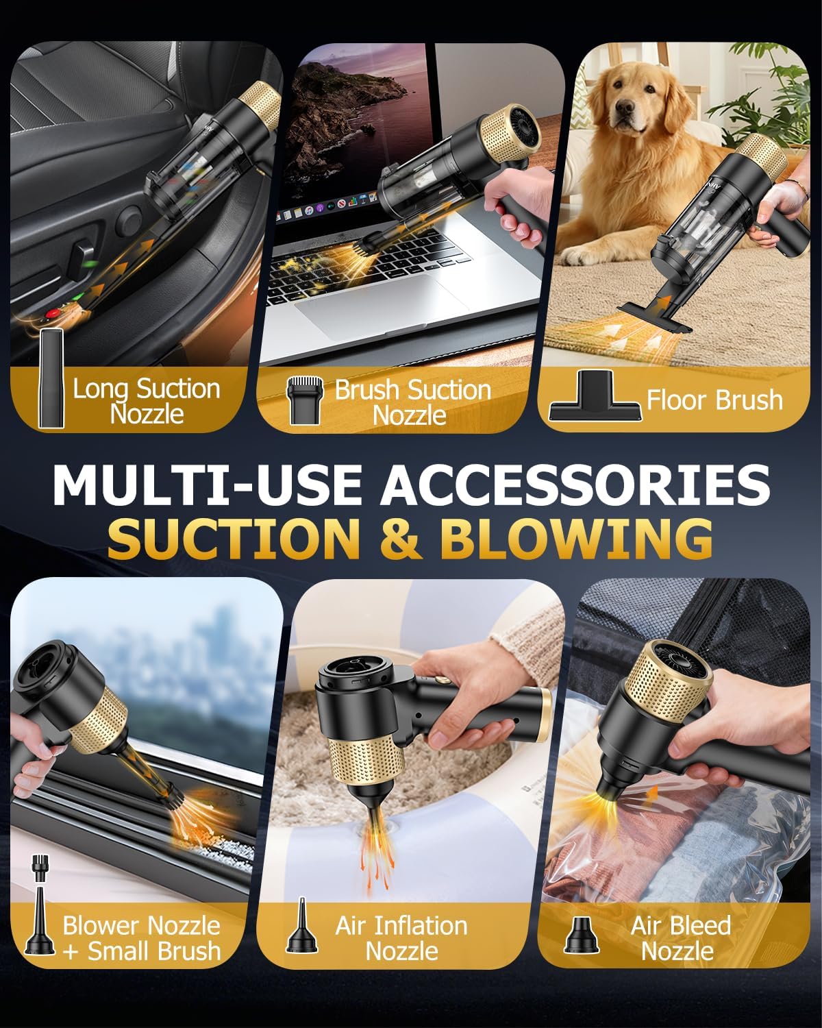 AHNR Handheld Car Vacuum Cleaner Cordless with 16000PA Powerful Suction, 4-in-1 Portable Mini Vacuum Cleaner & Air Duster with Multi-Accessories, Hand Held Vacuum Cordless Rechargeable for Car Home