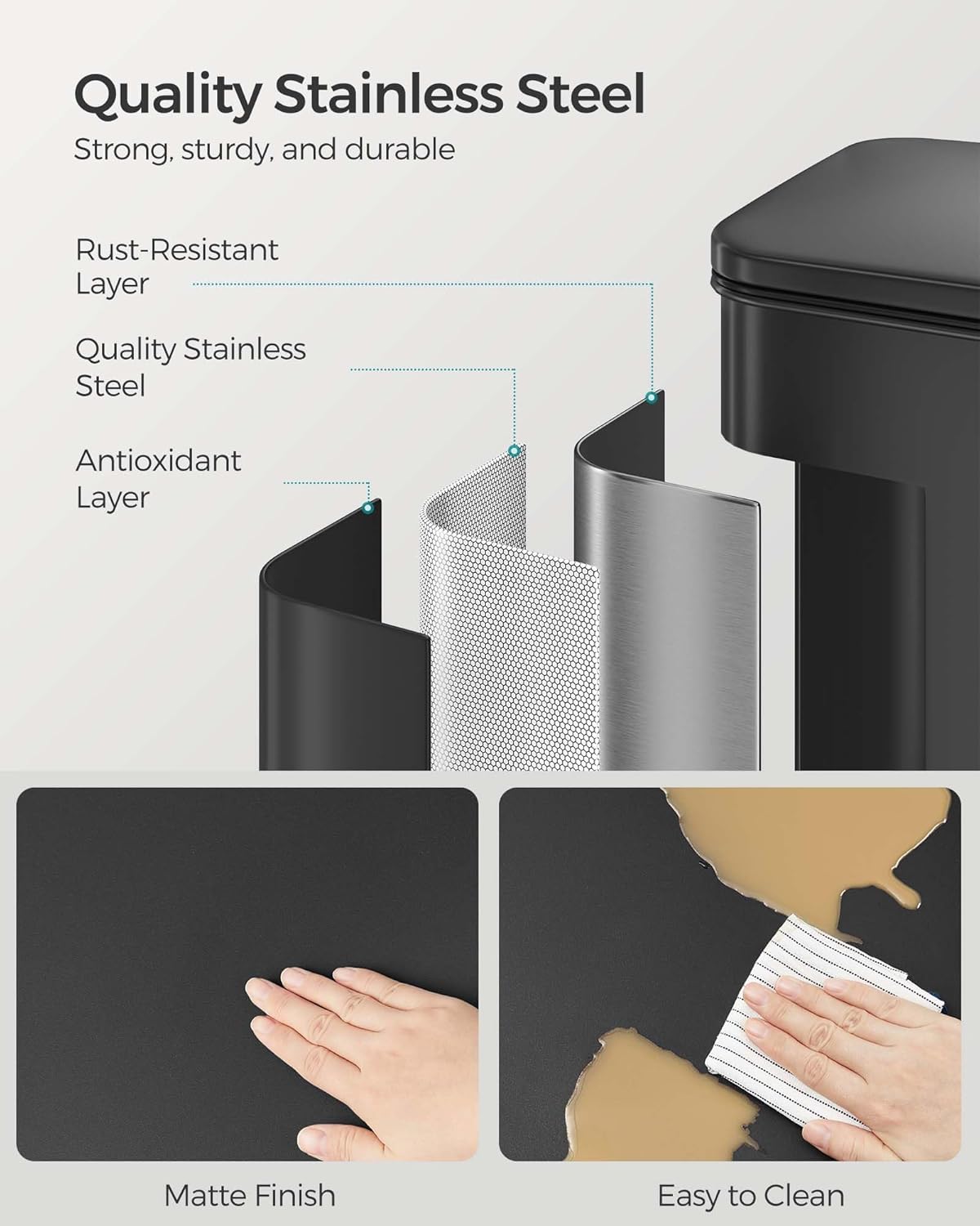 SONGMICS Kitchen Trash Can, 10.5 Gallon (40 L) Garbage Can, Large Step Trash Bin with Lid, Stainless Steel, Soft Close, 15 Trash Bags Included, Black ULTB540B40