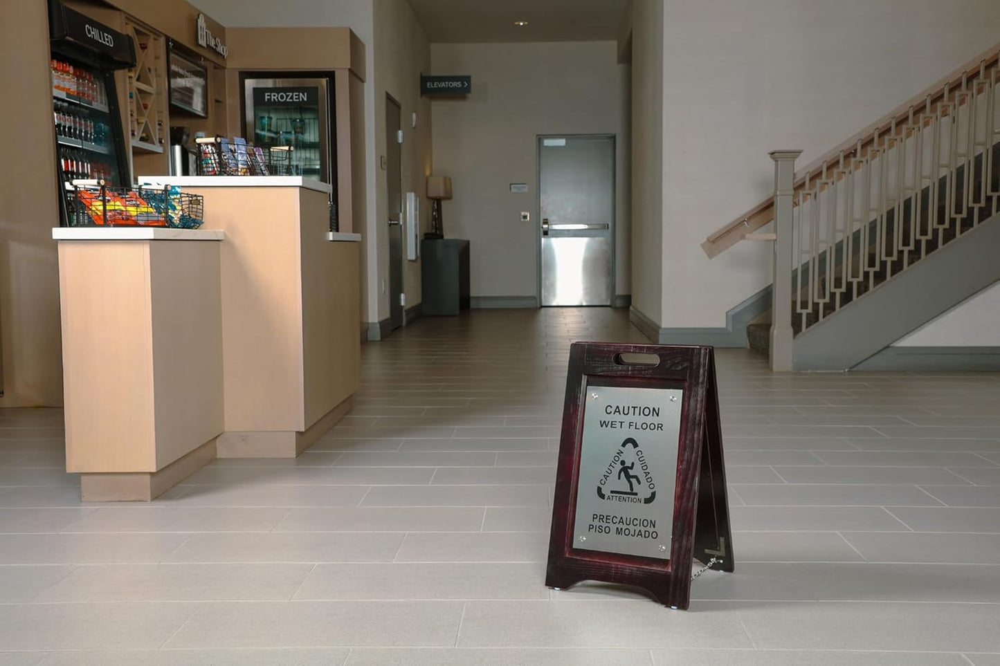 Premium Wooden Caution Wet Floor Sign – Bilingual w/Non-Skid Plastic Feet, Brushed Nickel Plate – For Hotels, Schools, Offices, Areas, Restrooms, Pool Decks & Shops