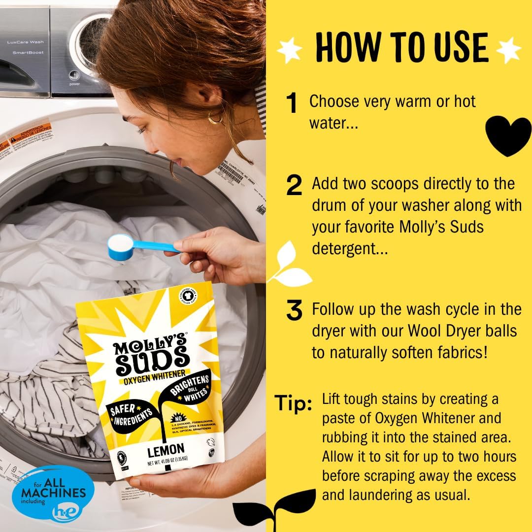 Molly's Suds Oxygen Whitener | Powerful Bleach Alternative, Chlorine Free & Color Safe | Brightens Whites and Removes Stains (Pure Lemon Essential Oil - 158 oz)