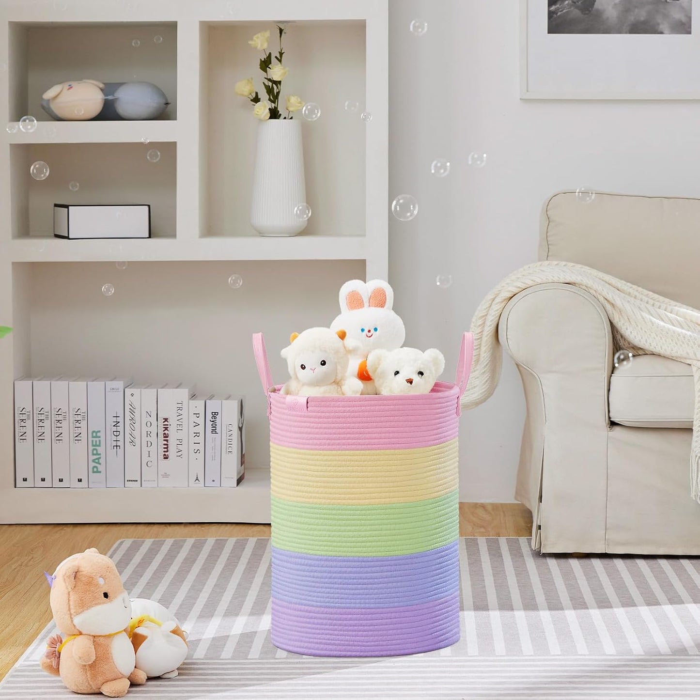 VIPOSCO Tall Laundry Basket, Large Dirty Clothes Hamper with Leather Handle, Woven Rope Storage Basket for Blanket, Toy In Living Room, Bathroom, Bedroom - 58L Rainbow
