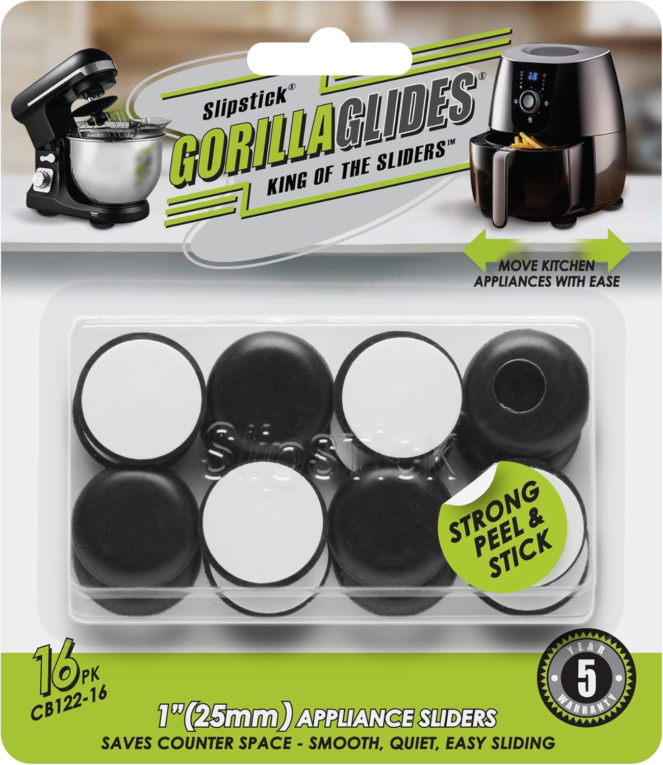 Slipstick GorillaGlides Kitchen Appliance Sliders (16 x 1” Round Glides) Self Adhesive Countertop Appliance Sliders Provide Easy Sliding and Saves Space on Counters