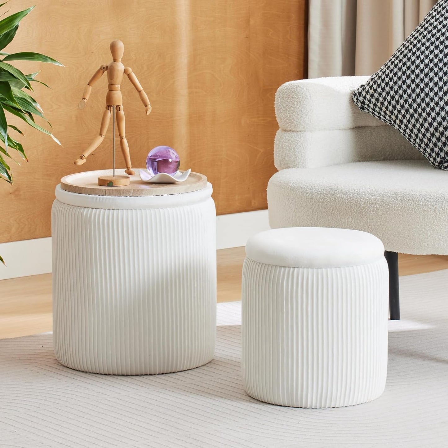 Round Ottoman with Storage Set of 2-Upholstered Velvet Vanity Stool for Makeup Multifunctional Ottomans Coffee Table Padded Seat Foot Rest for Living Room&Bedroom (White-Upgrade Tray Lid)