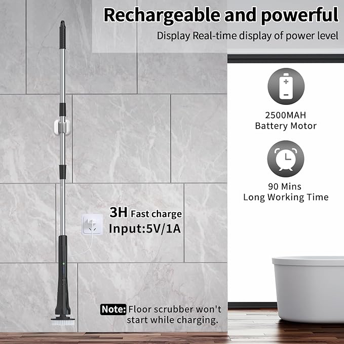 Electric Spin Scrubber, Hillyfe Bath Scrubber for Cleaning with 7 Replaceable Brush Heads, IPX7 Waterproof,300/400 RPM, 3 Adjustable Size,Cordless Shower Cleaner Brush for Bathroom Floor,Black