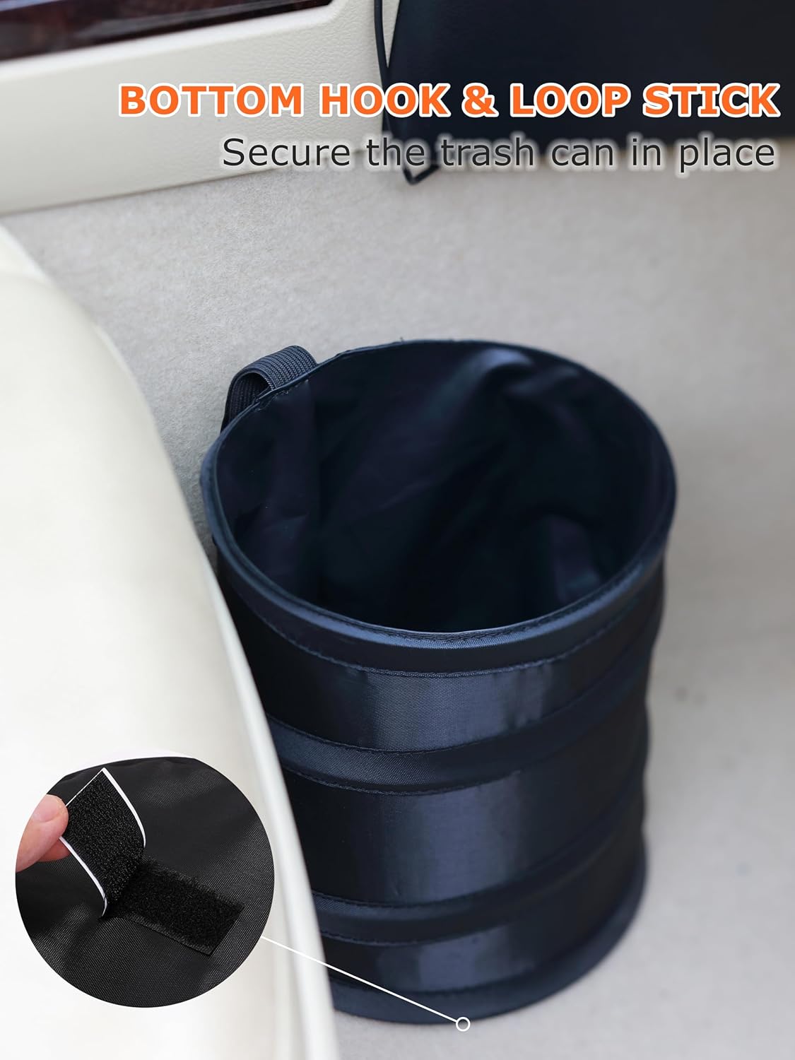 Ginsco New Leakproof Car Trash Can, 1 Gallon Mini Trash Can Pop-up Collapsible Hanging Car Trash Bin with Hook and Loop, Waterproof PEVA Liner Open-Top Garbage Can for Cars Home Office